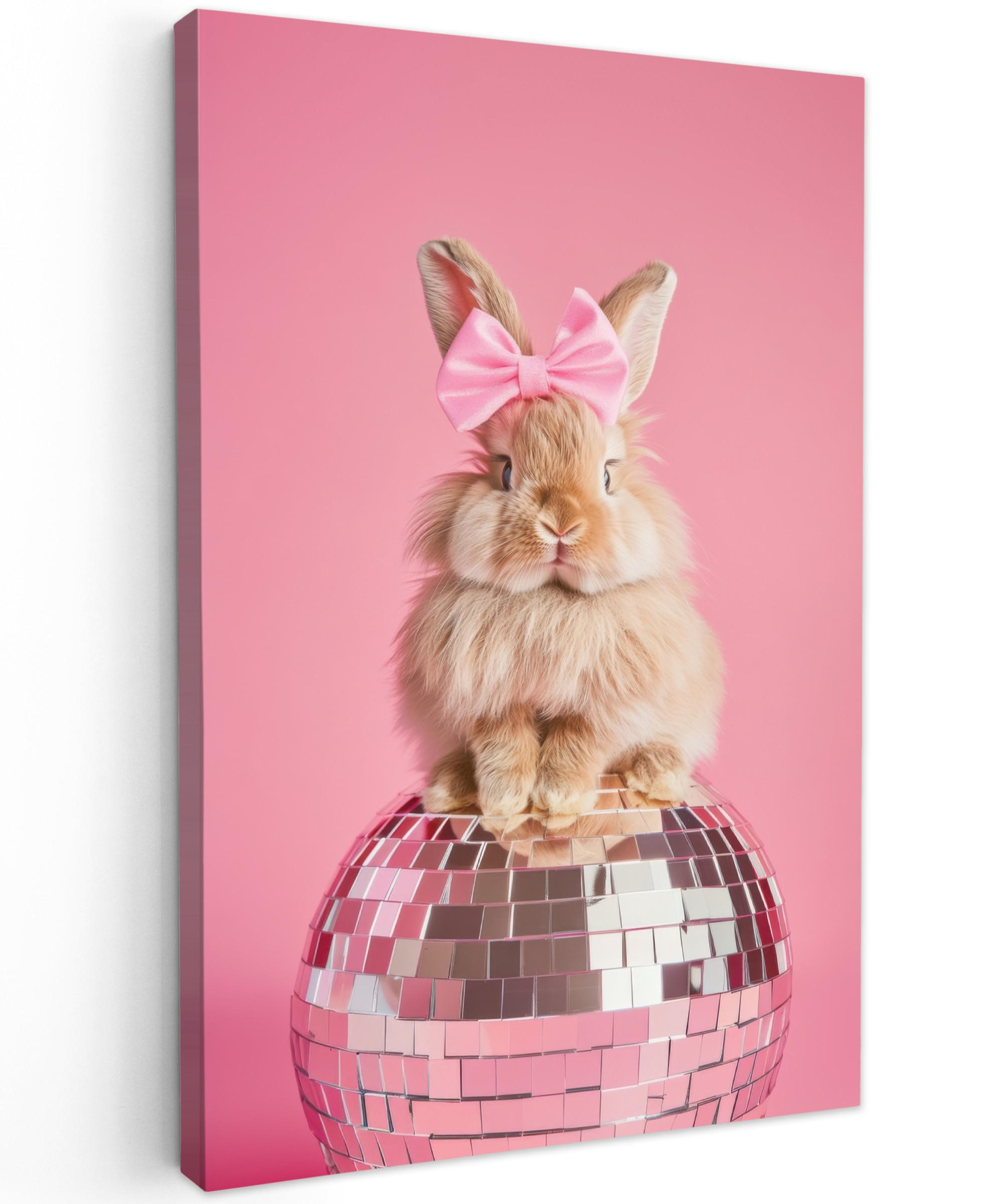 LEINWANDBILD Schleife - Discoball - Kaninchen Deko Groß 90x140 cm - Pink, Textil (90/140cm) - MuchoWow