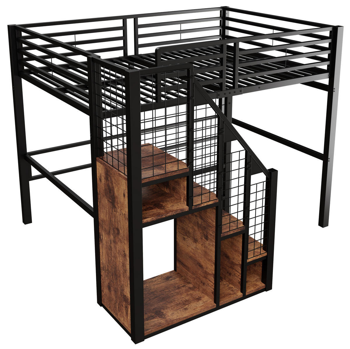 HOCHBETT 140/200 cm mit Treppe, Stauraum und Kleiderstange aus Metall, Schwarz - Schwarz, Holzwerkstoff (140/200cm) - Redom