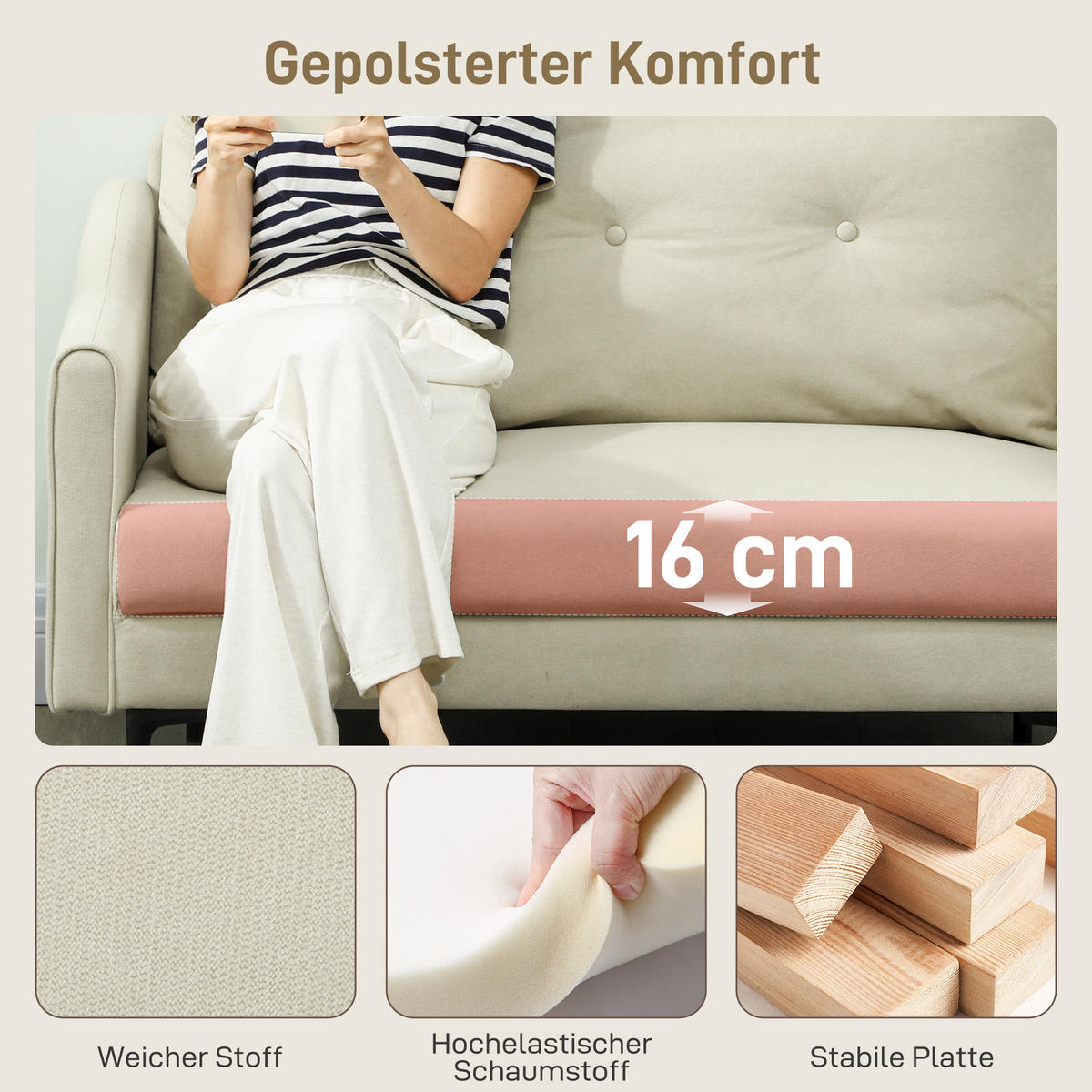 SOFA 2-Sitzer 124 cm Kleine Couch mit Armlehne, Samtoptik, Cremeweiß - Creme, Textil (73/92/124cm) - HOMCOM