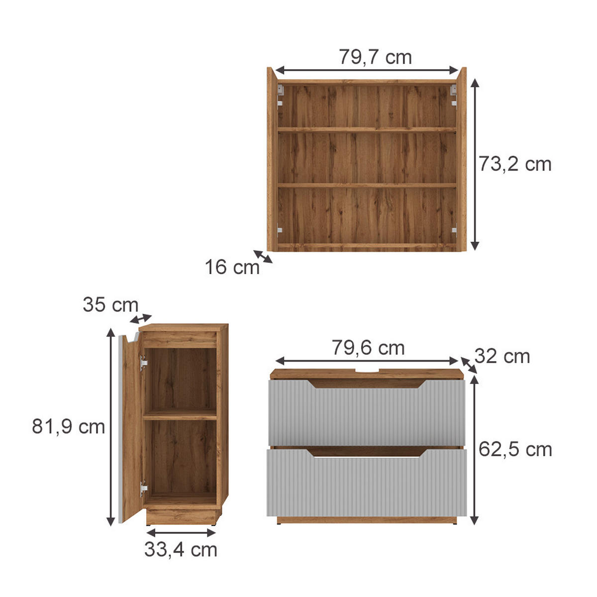 BADMÖBEL-SET Lotta Eiche/grau gestreift 3 Teile - Grau, Holzwerkstoff (79.6/62.5/32cm) - Vicco