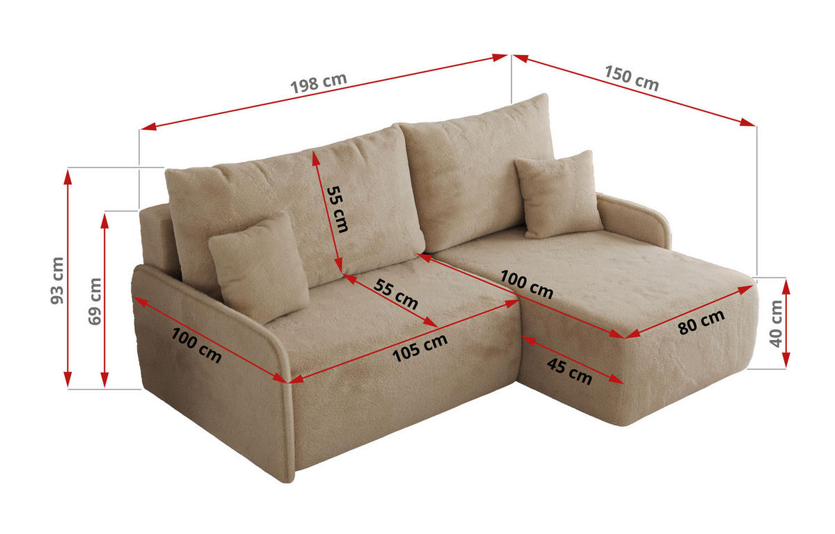 ECKSCHLAFSOFA ARPA L Beige Plüsch - rechts - Beige/Schwarz, Kunststoff/Textil (150/198cm) - MKS