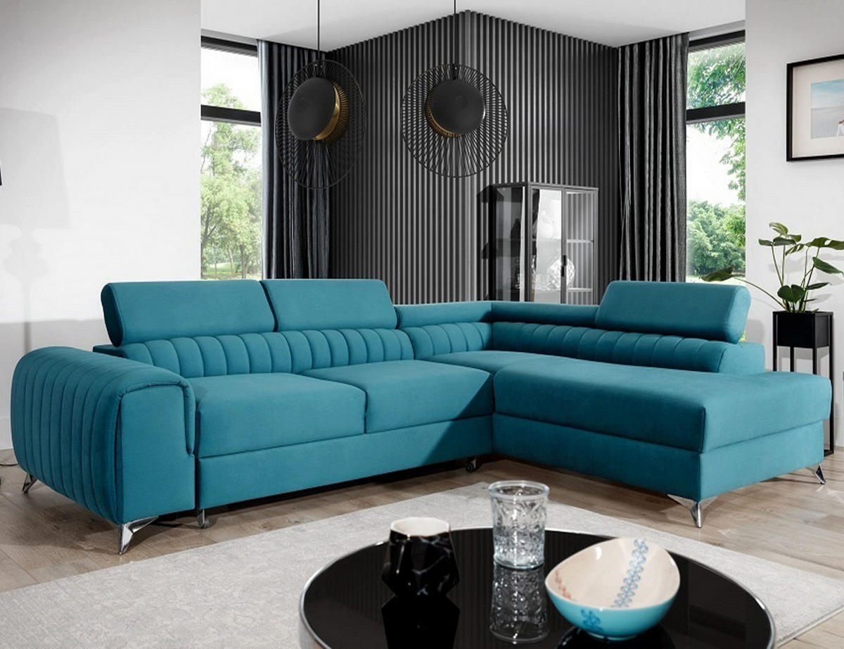 ECKSOFA Laurence mit Schlaffunktion & Bettkasten – 278 x 205 cm, verstellbare Kopfstützen - Blau, Kunststoff (278/205cm) - Wohnideebilder