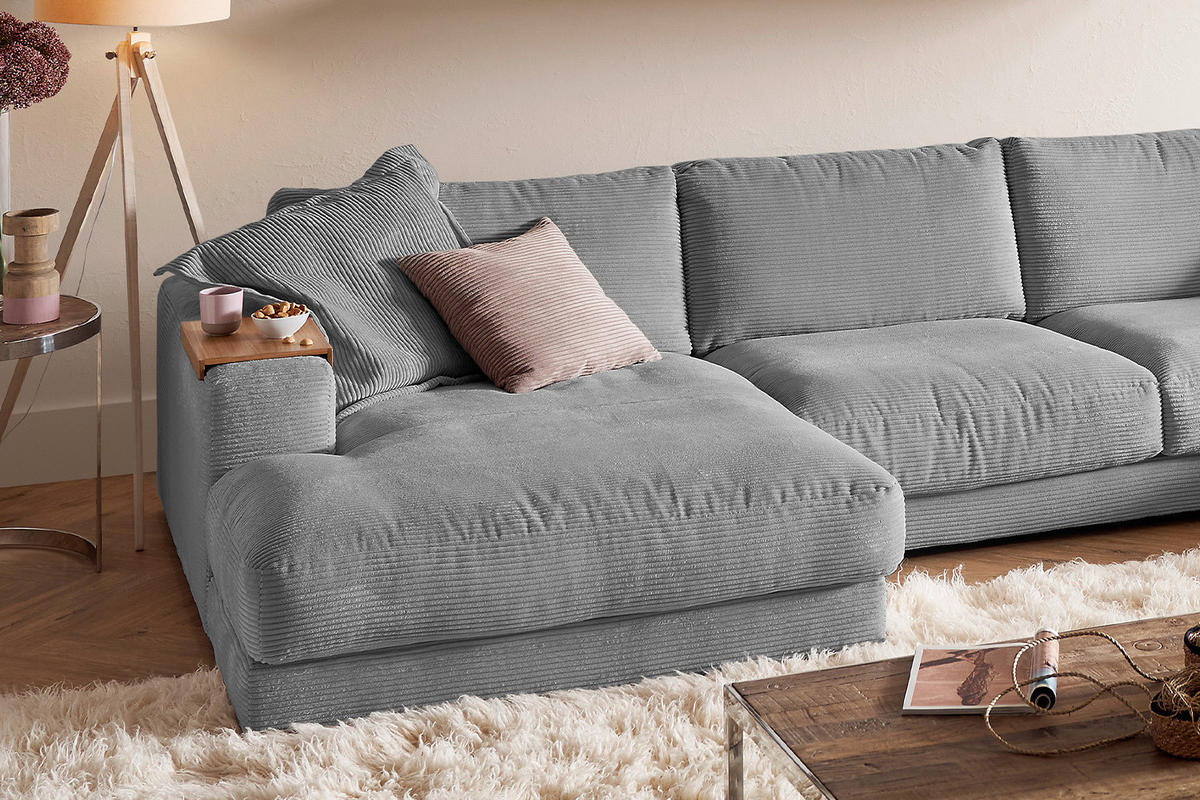 WOHNLANDSCHAFT MADELINE Grau Cord - Schwarz/Grau, Kunststoff/Textil (425/86/224cm) - KAWOLA