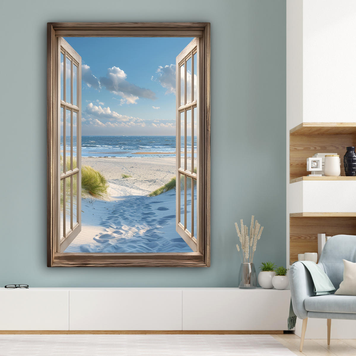 LEINWANDBILD Aussicht - Strand - Fenster - Dünen - Meer 90x140 cm - Hellblau, Textil (90/140cm) - MuchoWow