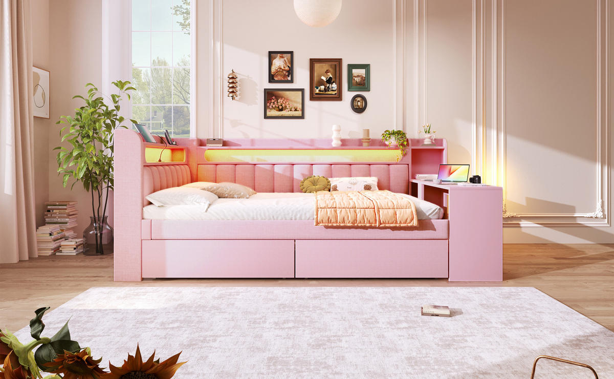 TAGESBETT 140x200 cm mit LED-Beleuchtung, USB-Anschluss, Schreibtisch und zwei Schubladen, gepolstert, rosa - Rosa, Holzwerkstoff (140/200cm) - Luhomfu