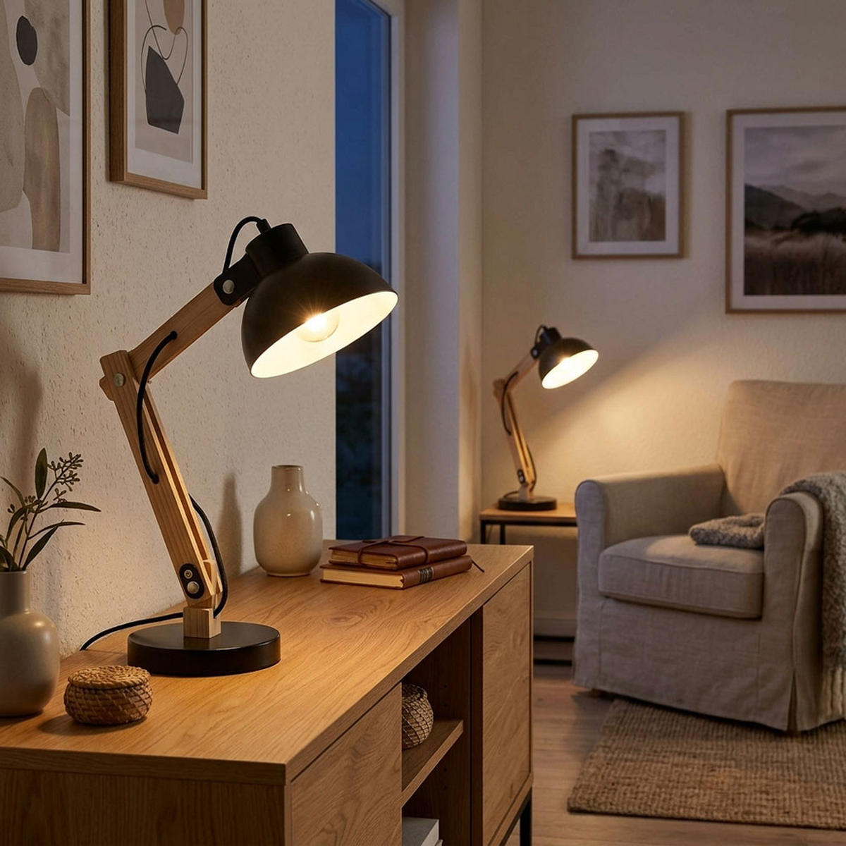 SCHREIBTISCHLEUCHTE Holzoptik Schwarz Metall - Schwarz, Holz (31/16/42.5cm) - Globo Lighting