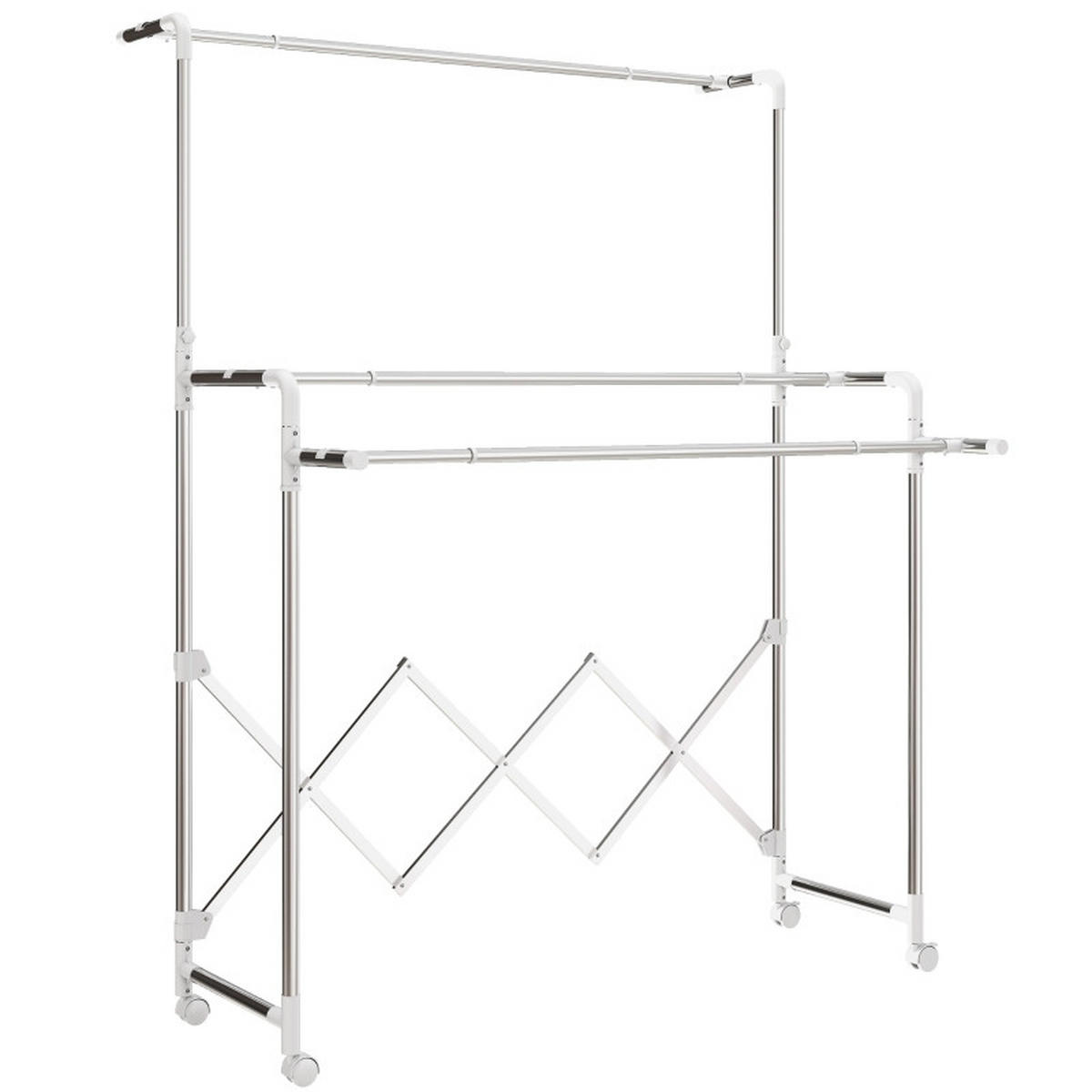 GARDEROBENSTÄNDER faltbar aus Edelstahl mit 3 ausziehbaren Stangen und Rollen - Silberfarben, Metall (150/197/103cm) - BEAOK