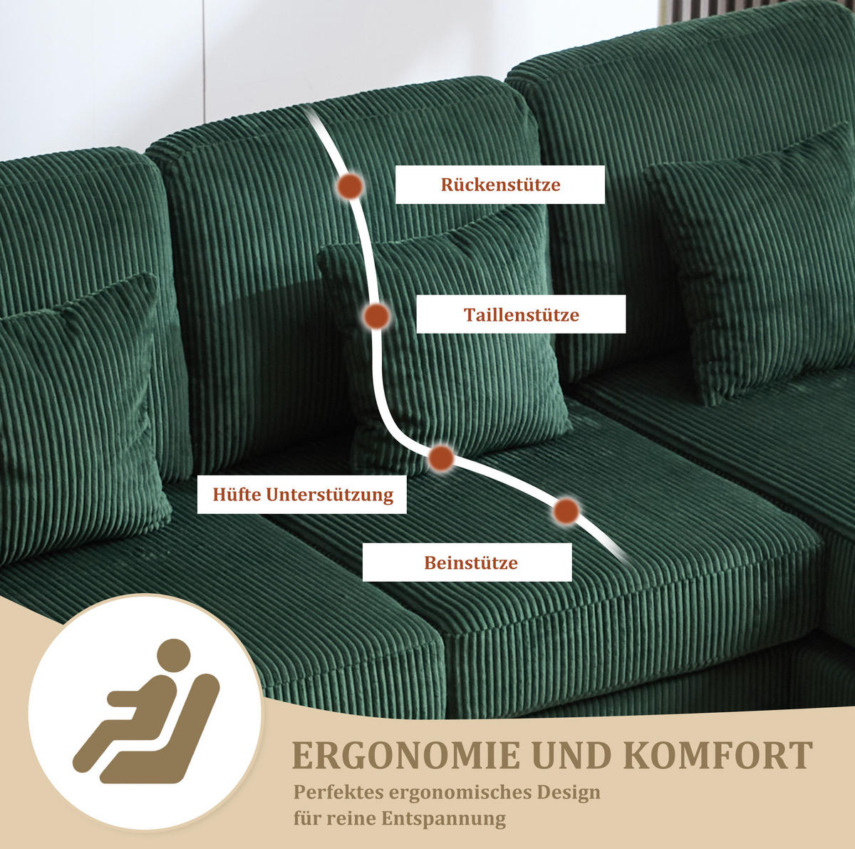 U-FORM Wohnlandschaft Samt mit LED und USB-Anschluss 265/135/88 cm Smaragdgrün - Smaragdgrün, Textil (135/88/265cm) - Redom