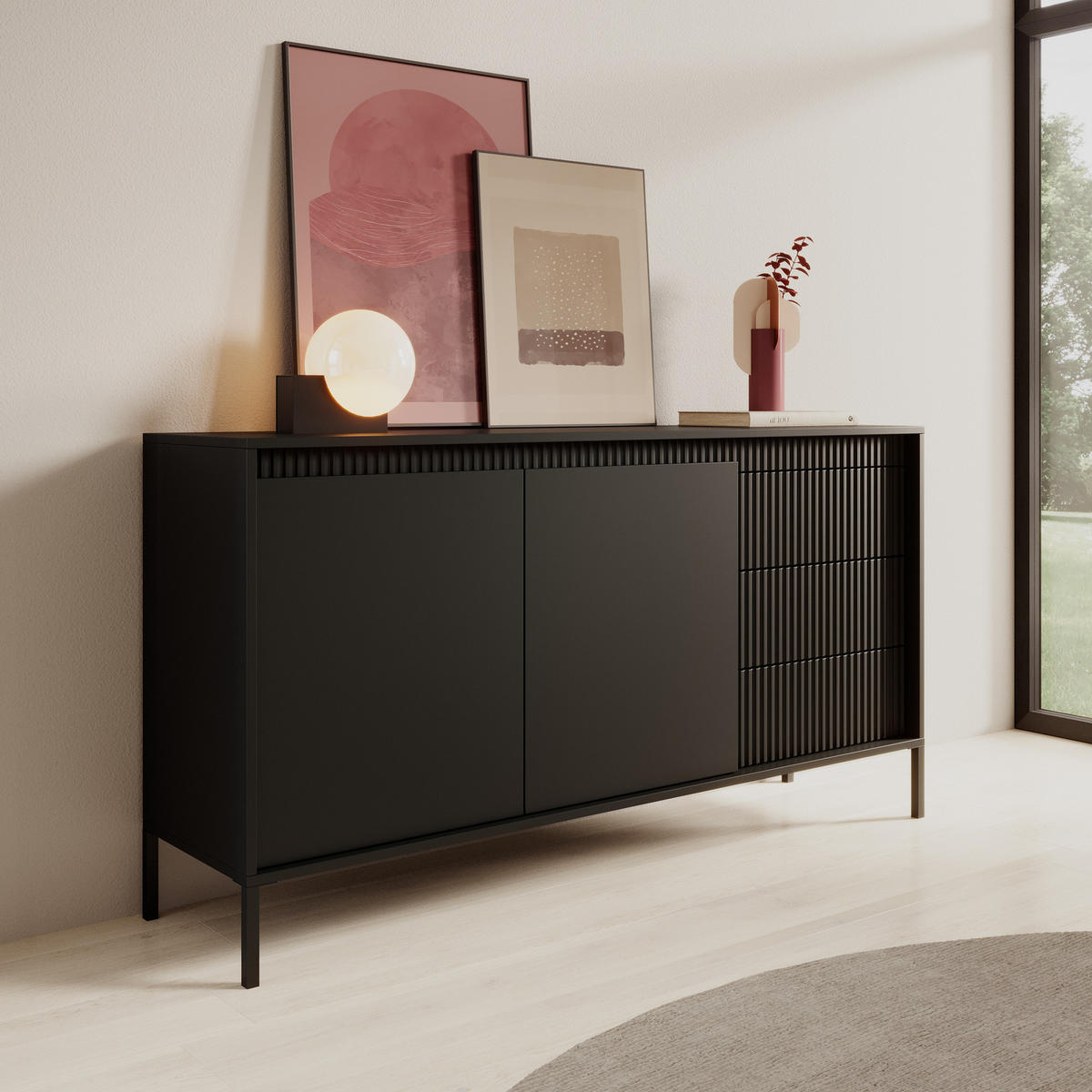 SIDEBOARD Ferrato B 153 cm Schwarz - mit 2 Türen und 3 geriffelten Schubladen rechts - Schwarz, Holz/Holzwerkstoff (153/81/39cm) - Ravio