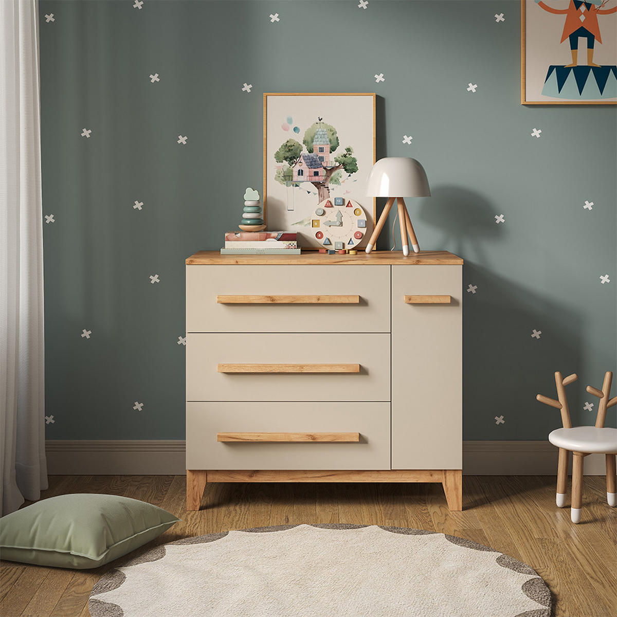 WICKELKOMMODE Malia Cashmere 98 x 98 cm mit 1 Tür & 3 Schubladen - Kaschmir/Hellgrau, Holzwerkstoff (98/98/52cm) - VitaliSpa