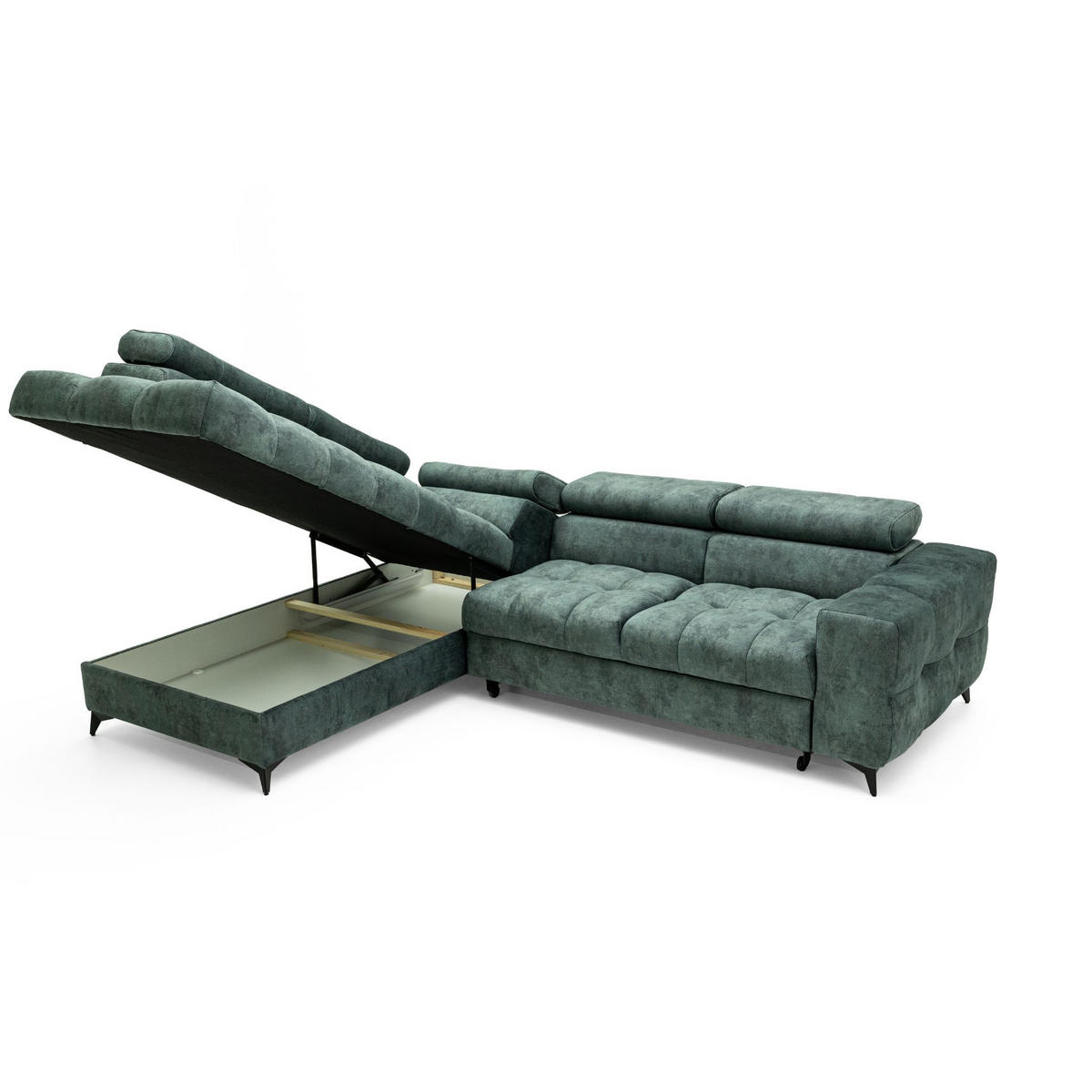 ECKSOFA PUDDING L Links mit Schlaffunktion 128x197 Velours Jadegrün - Jadegrün/Schwarz, Holz/Textil (270/204cm) - Muffo