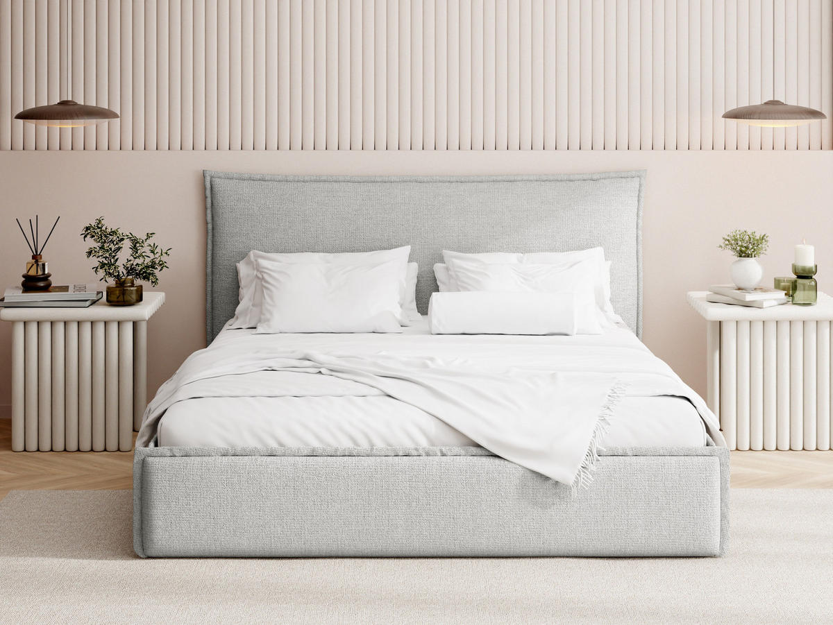 POLSTERBETT Pillow mit Bettkasten, Lattenrost & hohem Kopfteil in Grau Chenille 120x200 cm - Birkefarben/Schwarz, Holz/Kunststoff (120/200cm) - WFL GROUP