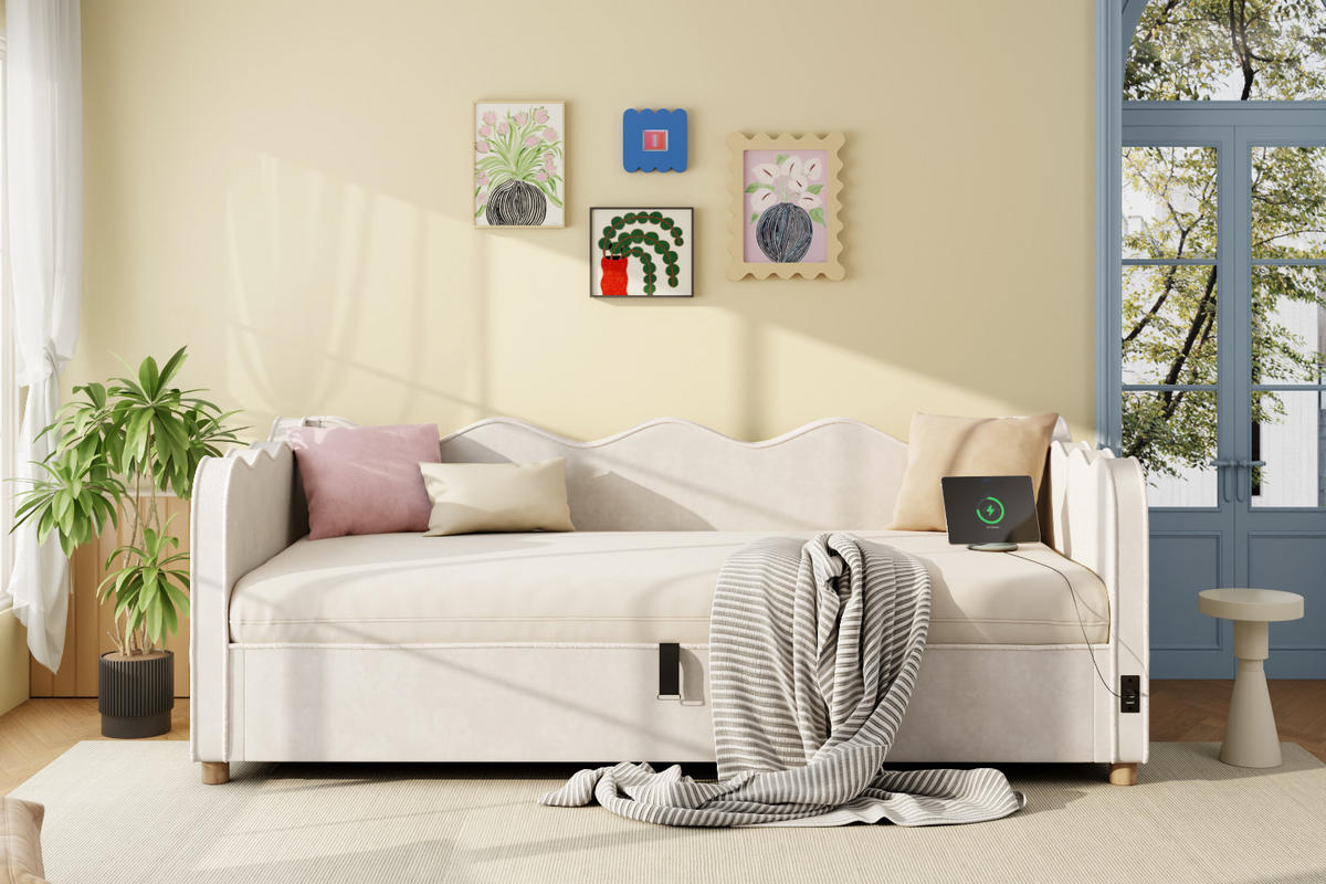 POLSTERBETT 90/200 cm in Beige Samt mit Bettkasten, USB und Type-C - Beige, Holzwerkstoff/Textil (90/200cm) - CHICFURN