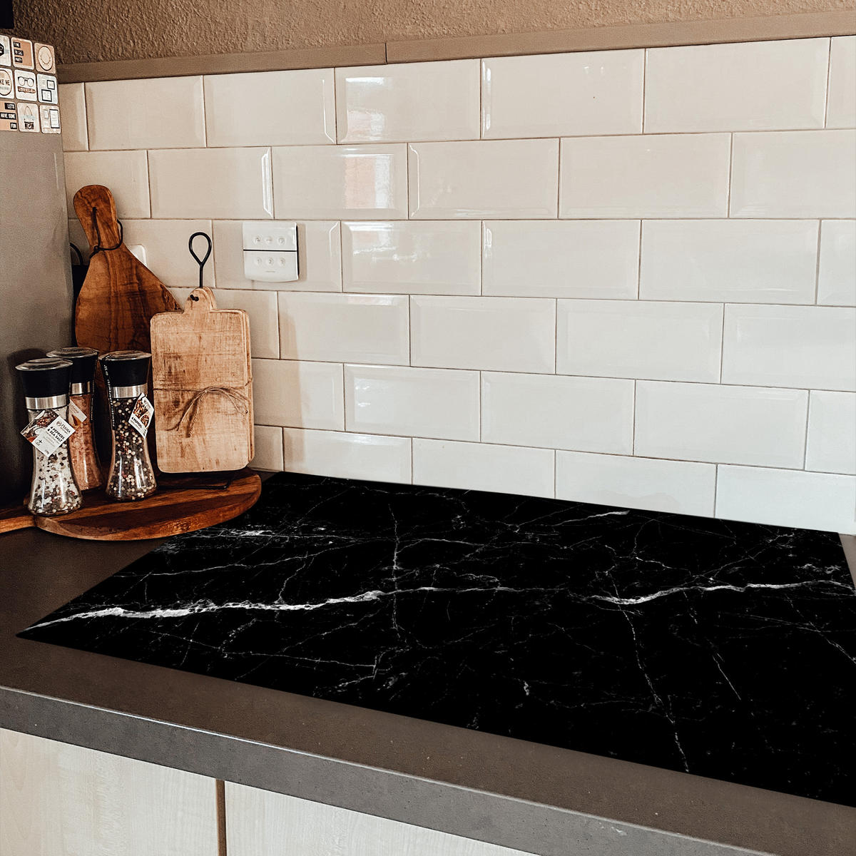 HERDABDECKPLATTE Marmoroptik - Schwarz - Luxus 85x52 cm - Grau, Kunststoff (85/0.2/52cm) - MuchoWow