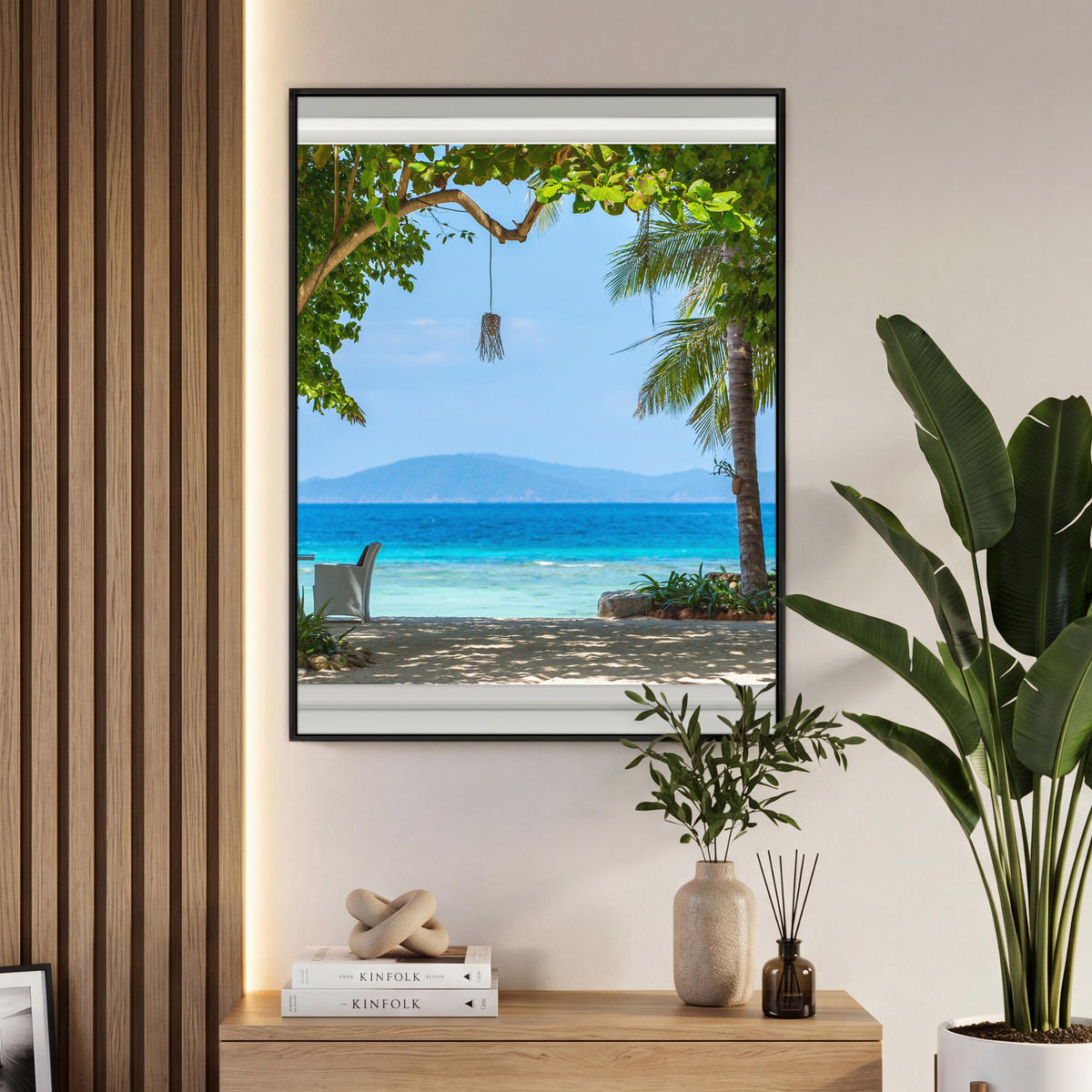 LEINWAND Bilder mit Rahmen - Aussicht - Baum - Meer - Palme - Hügel - Strand - Blau - 70x100 - Blau, Textil (70/100cm) - MuchoWow