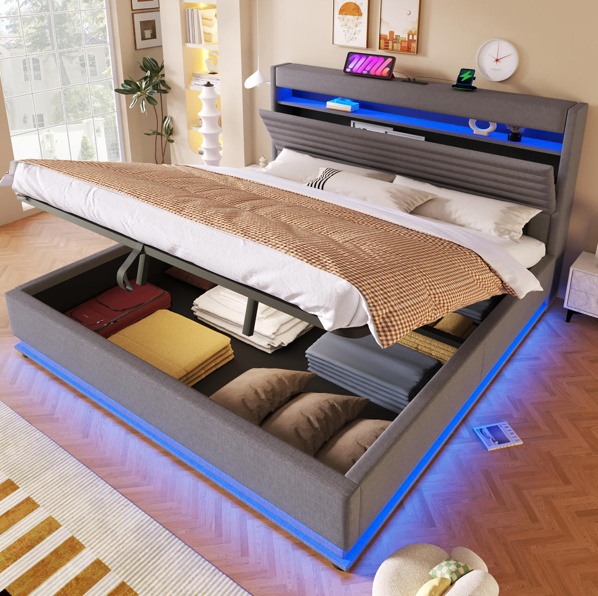 POLSTERBETT 180/200 cm Grau mit LED-Beleuchtung, USB- und Typ-C-Anschluss, hydraulischem Stauraum und Leinenbezug - Grau, Textil (180/200cm) - OKMYHOME
