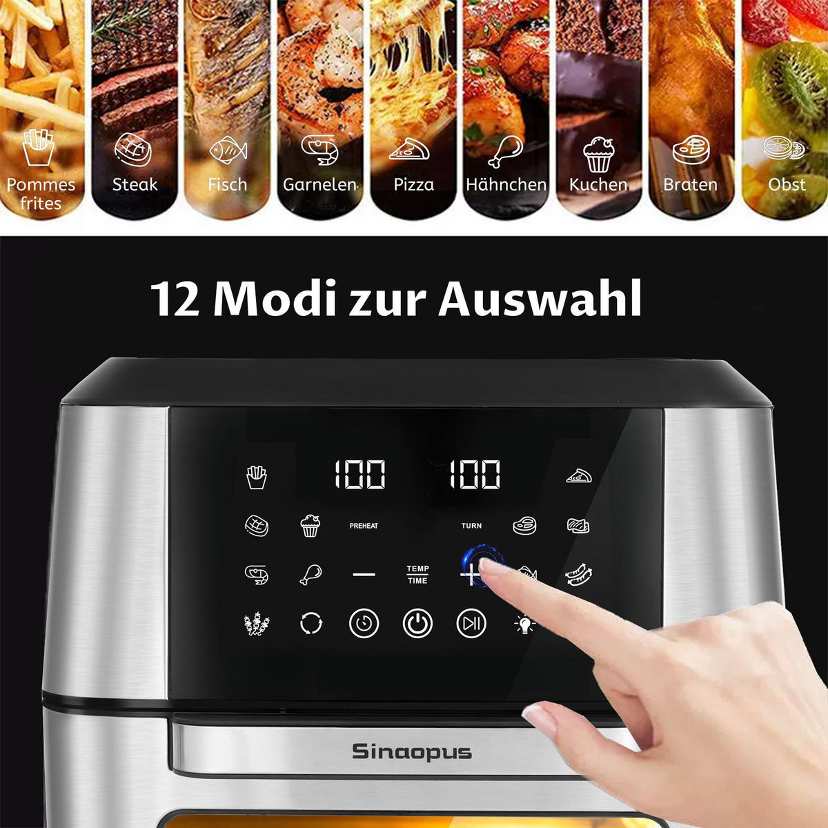 HEISSLUFTFRITTEUSE 12-in-1, 12L mit Dual-Tray 360°Heißluftzirkulation - Schwarz, Metall (33/38/35cm)