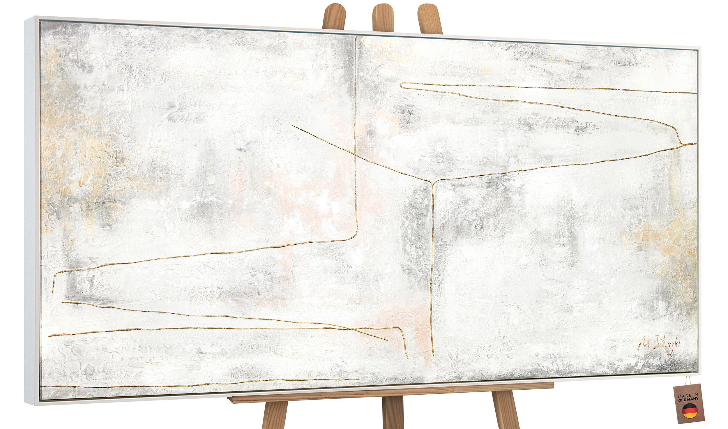 GEMÄLDE Goldene Schleife Schattenfugenrahmen Weiß 140x70 cm - Weiß, Holz (140/70cm) - YS-art gallery