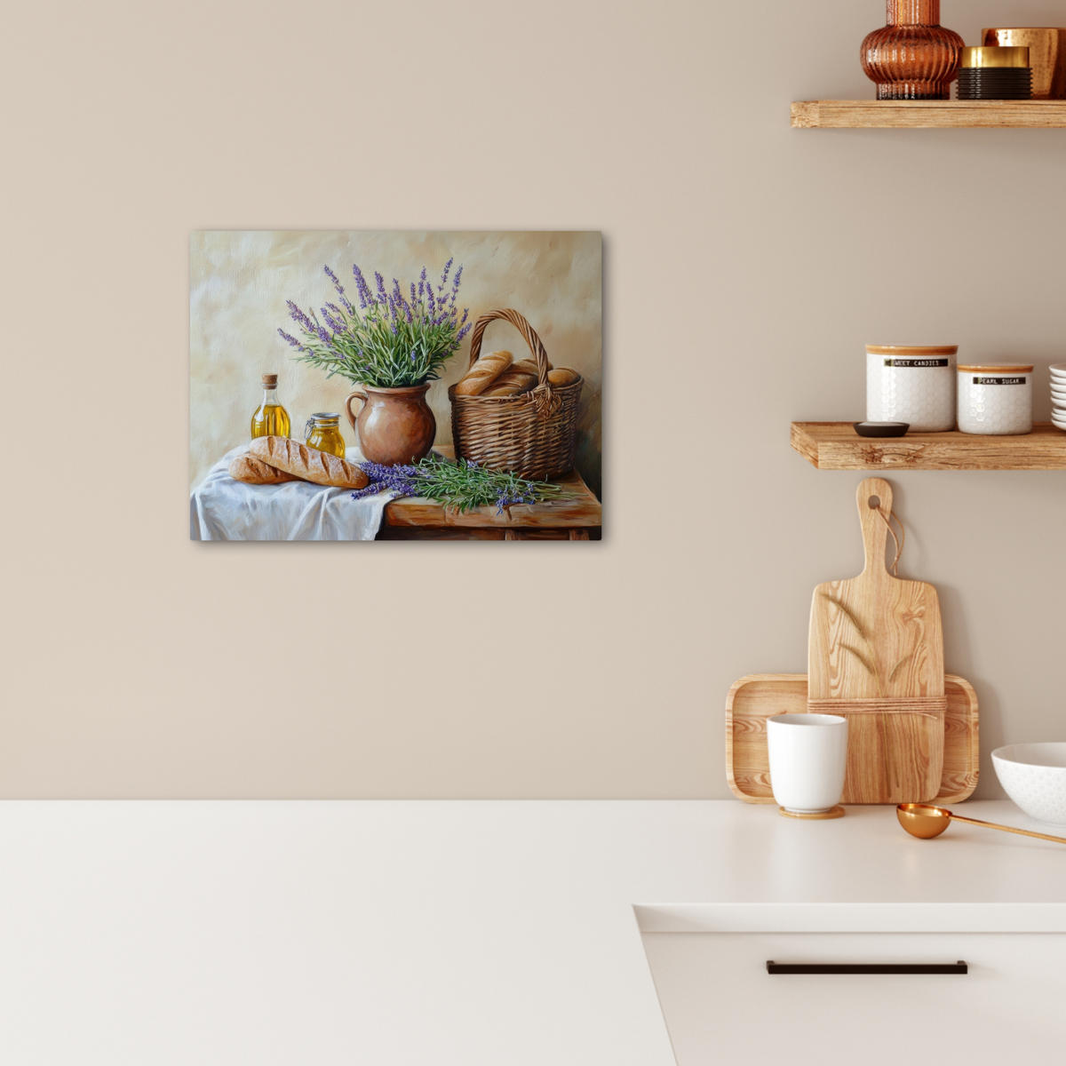 LEINWANDBILD Lavendel - Brot - Stilleben 40x30 cm - Flieder, Textil (40/30cm) - MuchoWow