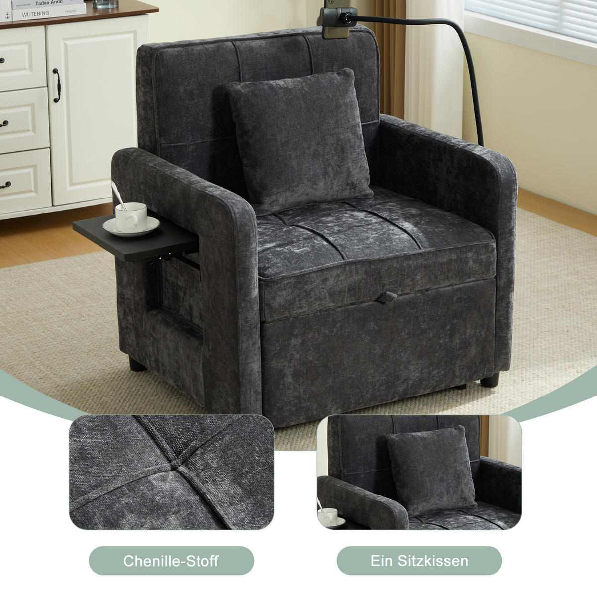 SCHLAFSESSEL 167/79/83 cm dunkelgrau aus Chenille mit Stauraum - Dunkelgrau, Textil (79/83/167cm) - OKWISH