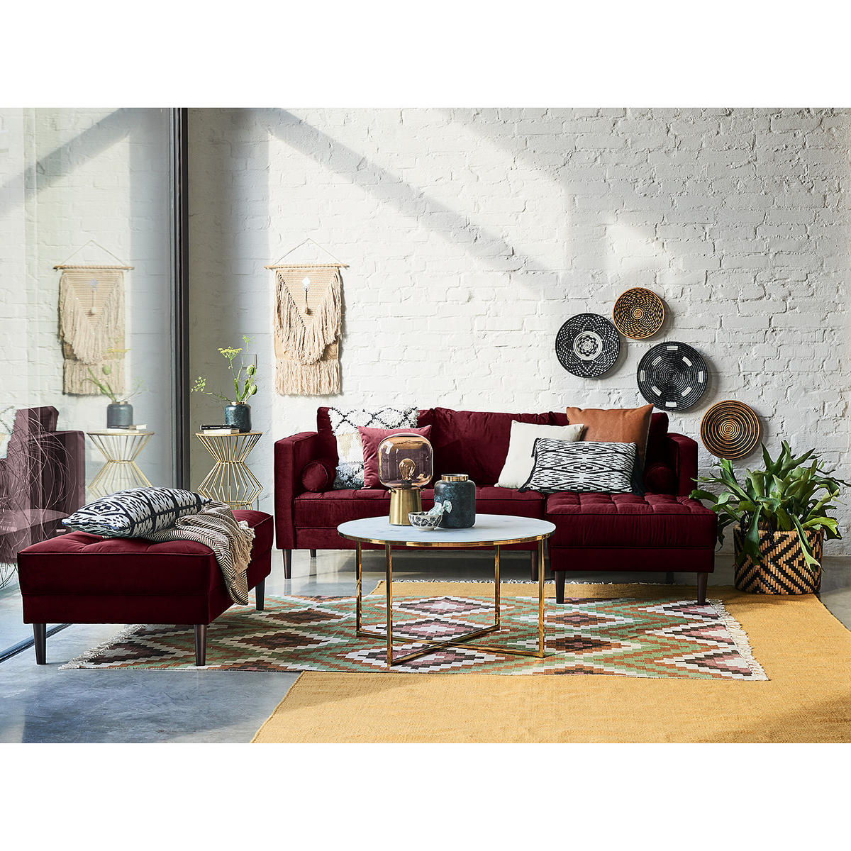 ECKSOFA - Samt - Dunkelbraun/Weinrot, Birkenholz/Textil (201/155cm) - home24