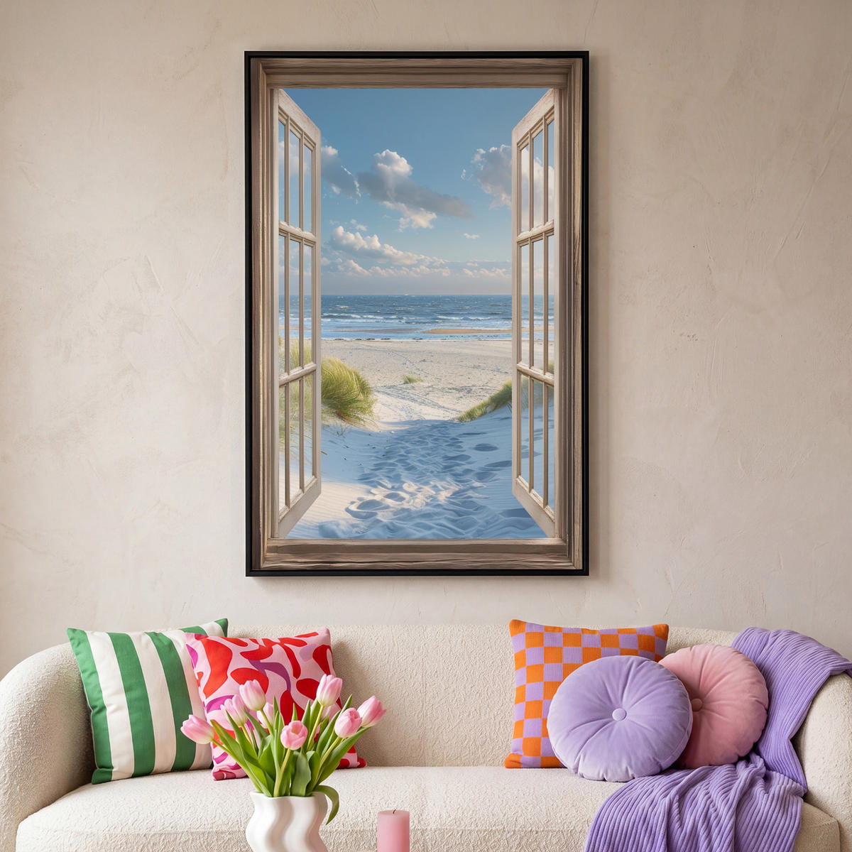 LEINWAND Bilder mit Rahmen - Aussicht - Strand - Fenster - Dünen - Meer - 100x150 - Hellblau, Textil (100/150cm) - MuchoWow