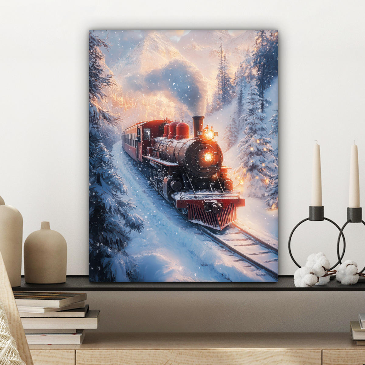 LEINWANDBILD Weihnachtszug - Schnee - Winter - Weihnachten Room Decor 30x40 cm - Dunkelrot, Textil (30/40cm) - MuchoWow