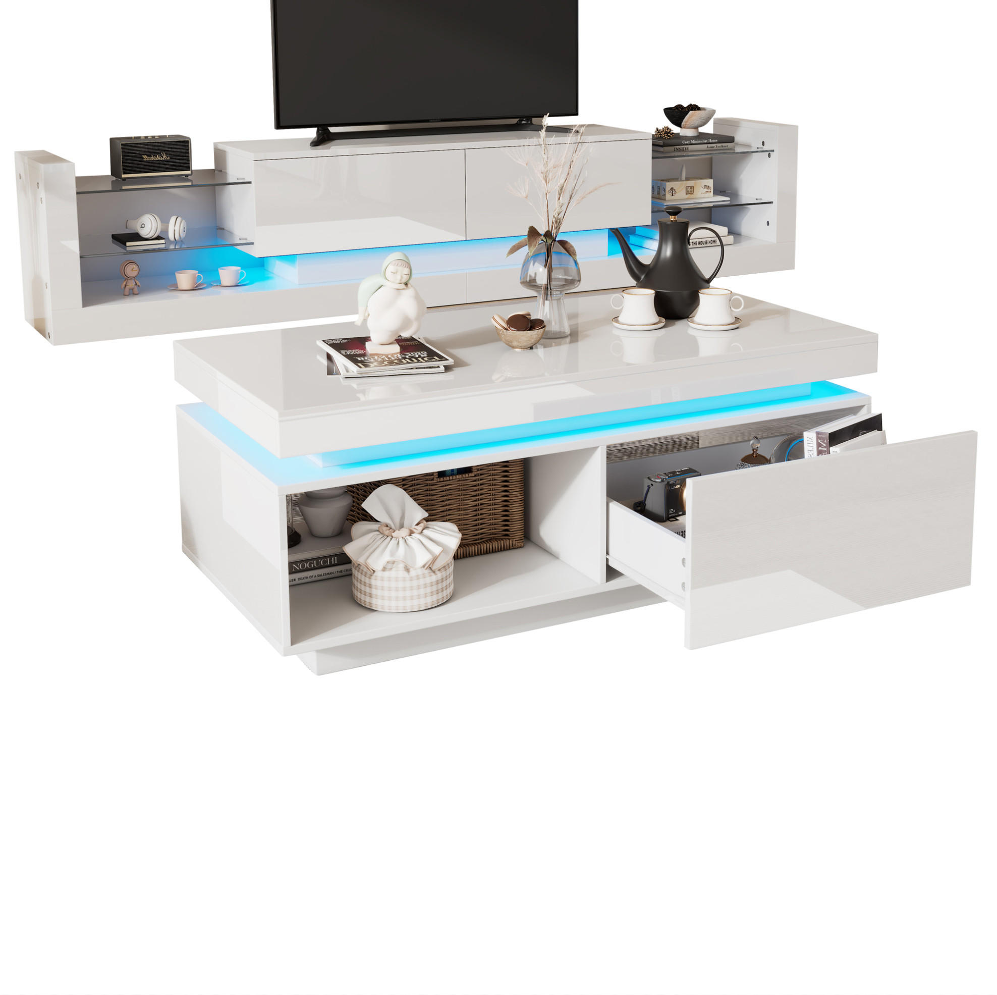 TV-SCHRANK-SET mit Couchtisch in Weiß Hochglanz, erweiterbar 181/38/38 cm + 100/50/40.3 cm - Weiß, Holzwerkstoff (50/181/78.3cm) - Redom