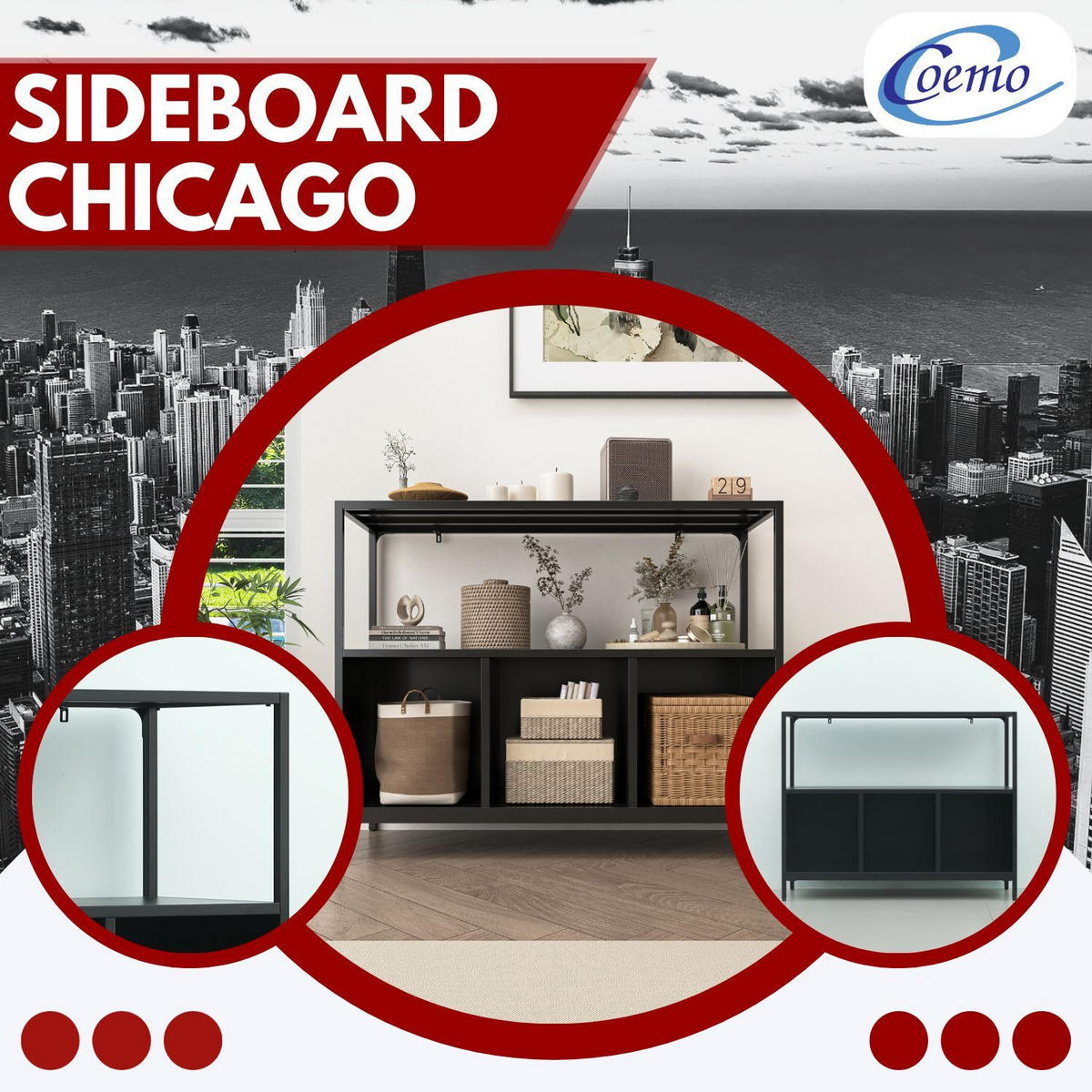 SIDEBOARD CHICAGO Metall offene Fächer 110/43/88 cm - Schwarz, Metall (43/88/110cm) - Coemo