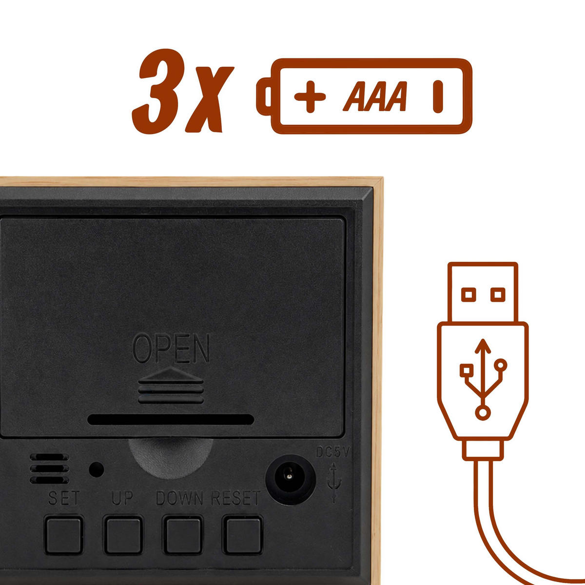 BUDILICA prirodna digitalna kocka izgled drva 3 alarma USB - svijetlo smeđa, drvni materijal/plastika (6.5/6/6.5cm) - Relaxdays