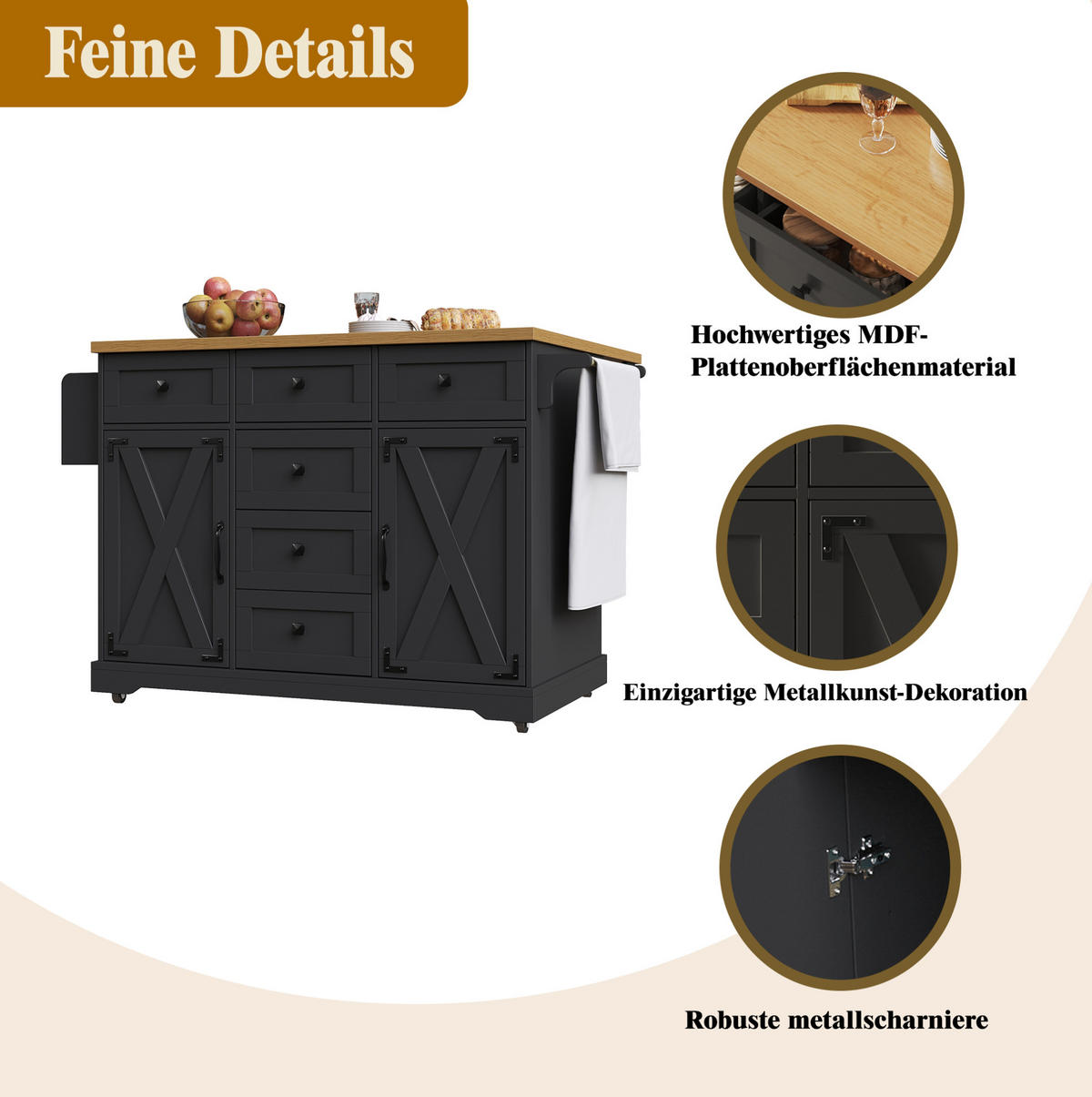 SERVIRNI voziček 147/44/93 cm iz MDF in kovine z zložljivo mizo in prostorom za shranjevanje, Črna - črna, leseni material (147/93/44cm) - Redom