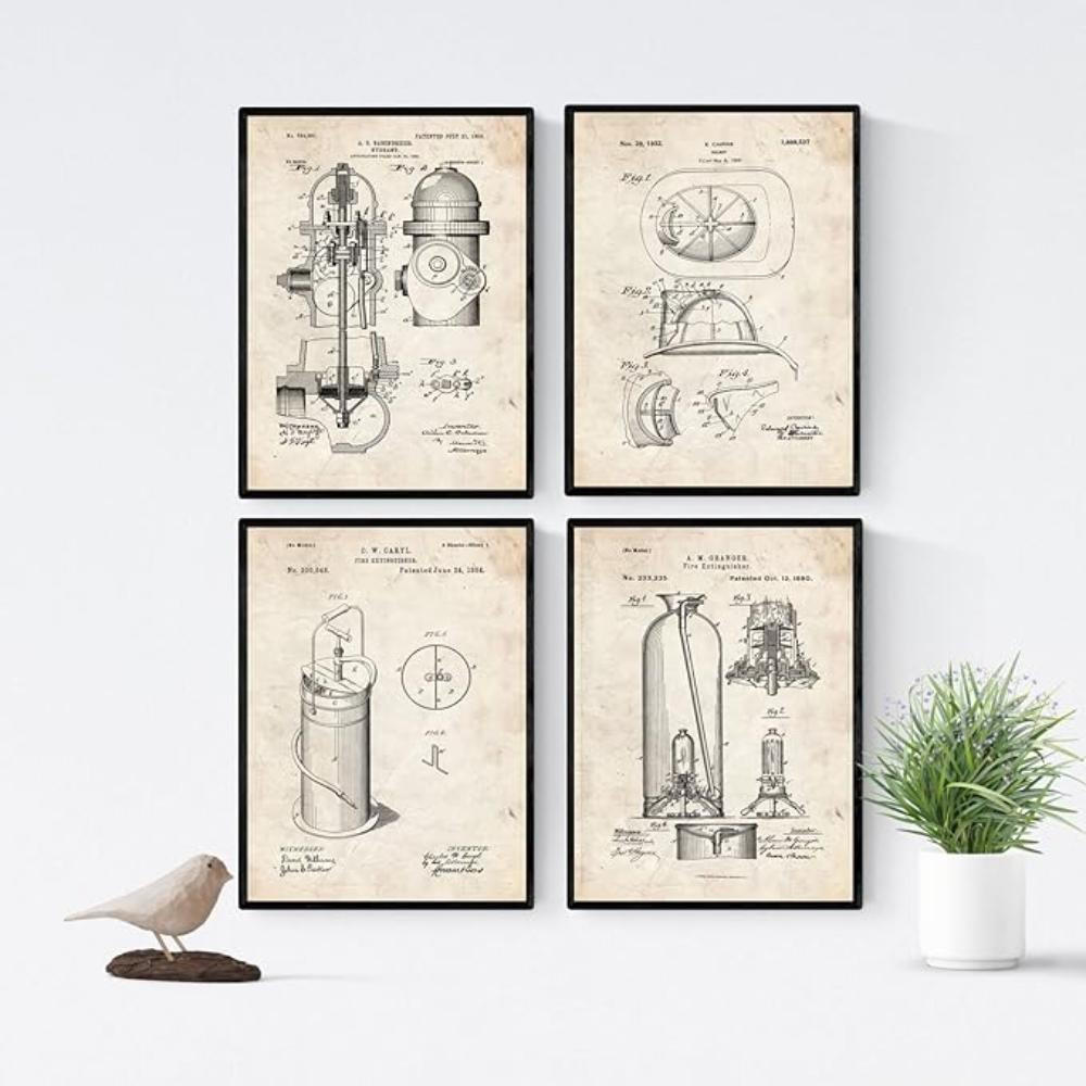 POSTER Set mit 4 Jahrgang Feuerwehr Patent A4 Schwarzer Rahmen - Schwarz, Papier (29.7/3cm) - Nacnic