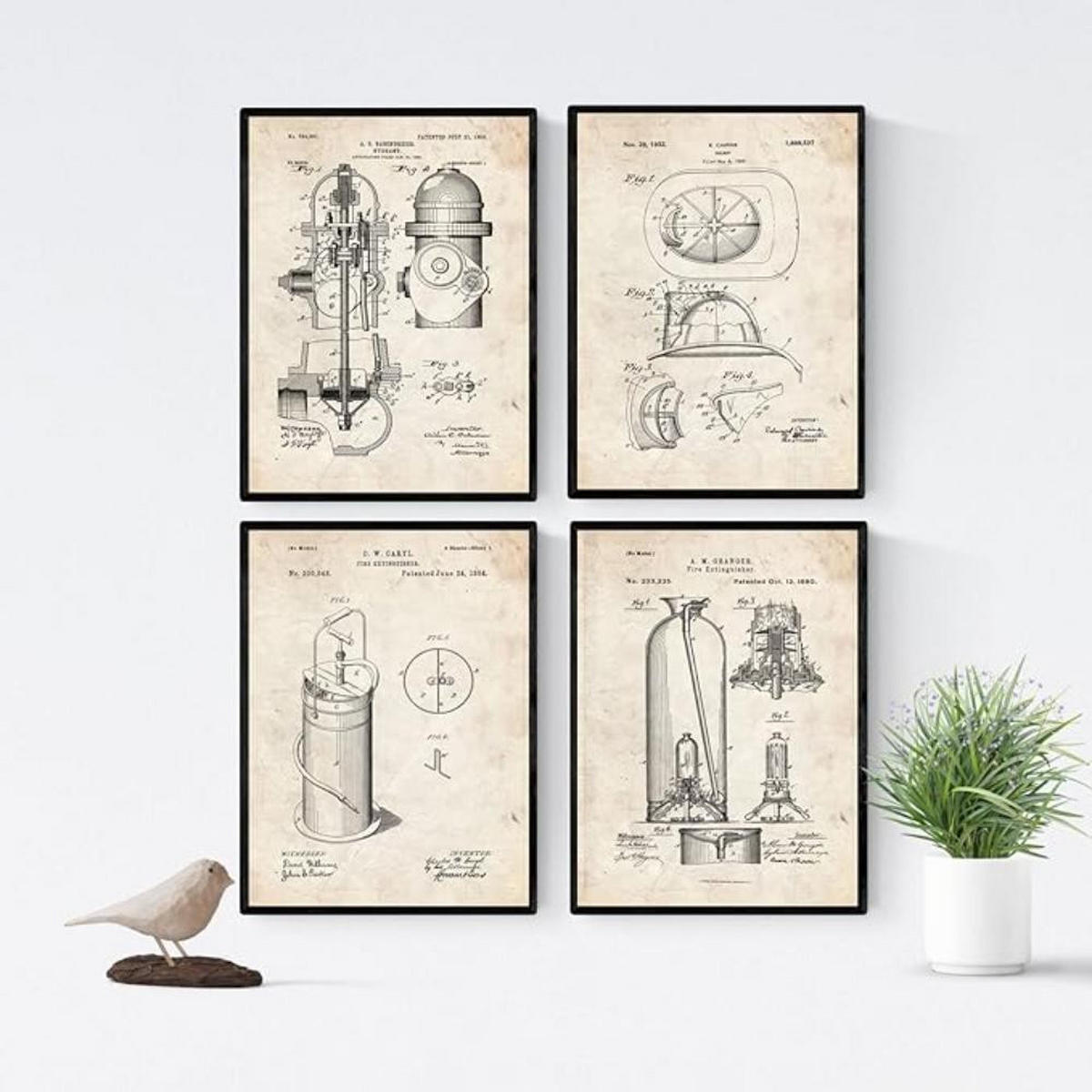 POSTER Set mit 4 Jahrgang Feuerwehr Patent A4 Schwarzer Rahmen - Schwarz, Papier (29.7/3cm) - Nacnic