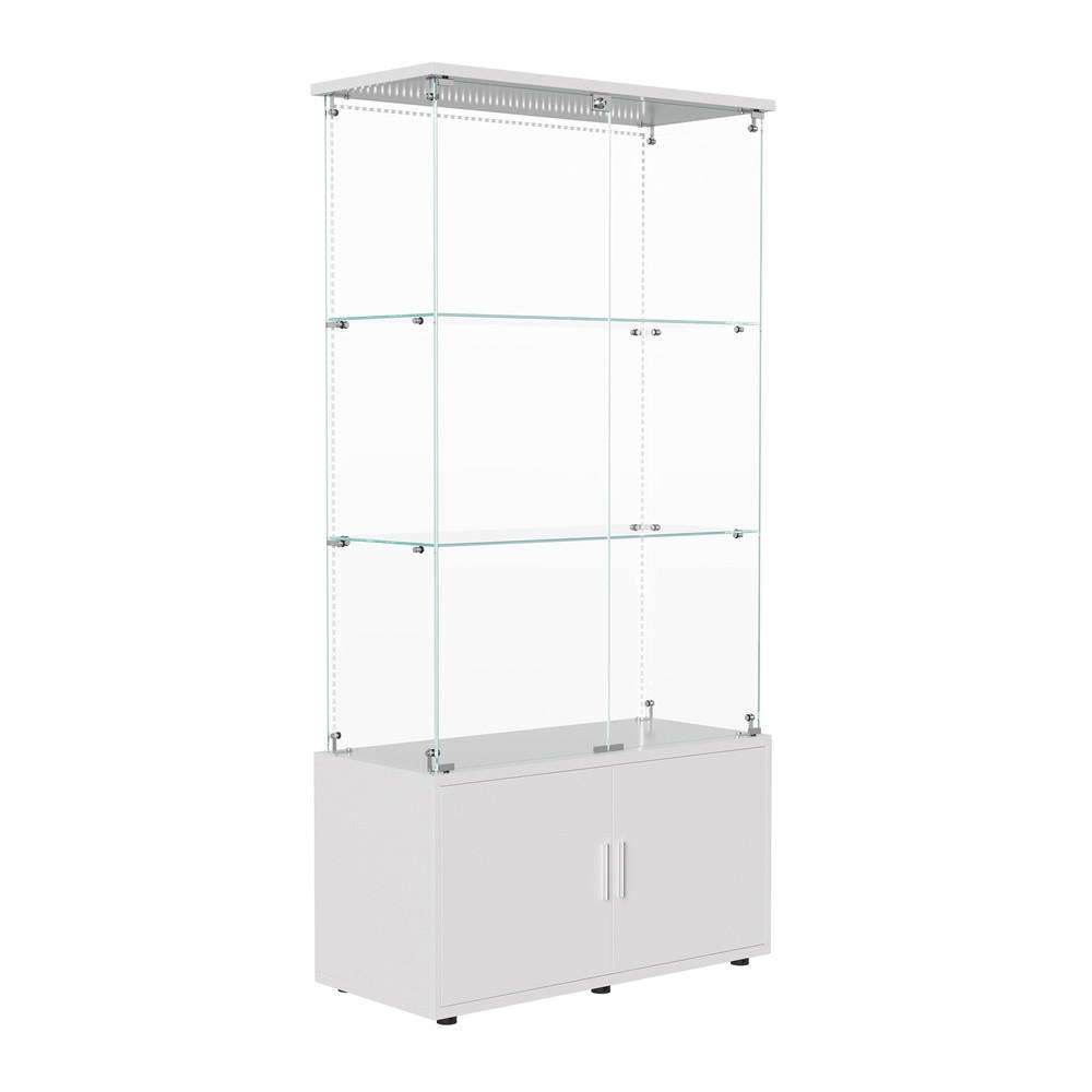 VITRINE - Glasvitrine mit Cabinet-Unterbau - 4 Türen und 3 Ebenen - LED-Lichtband-Beleuchtung - Weiß - Weiß, Glas (78.51/164/35cm) - DELFA