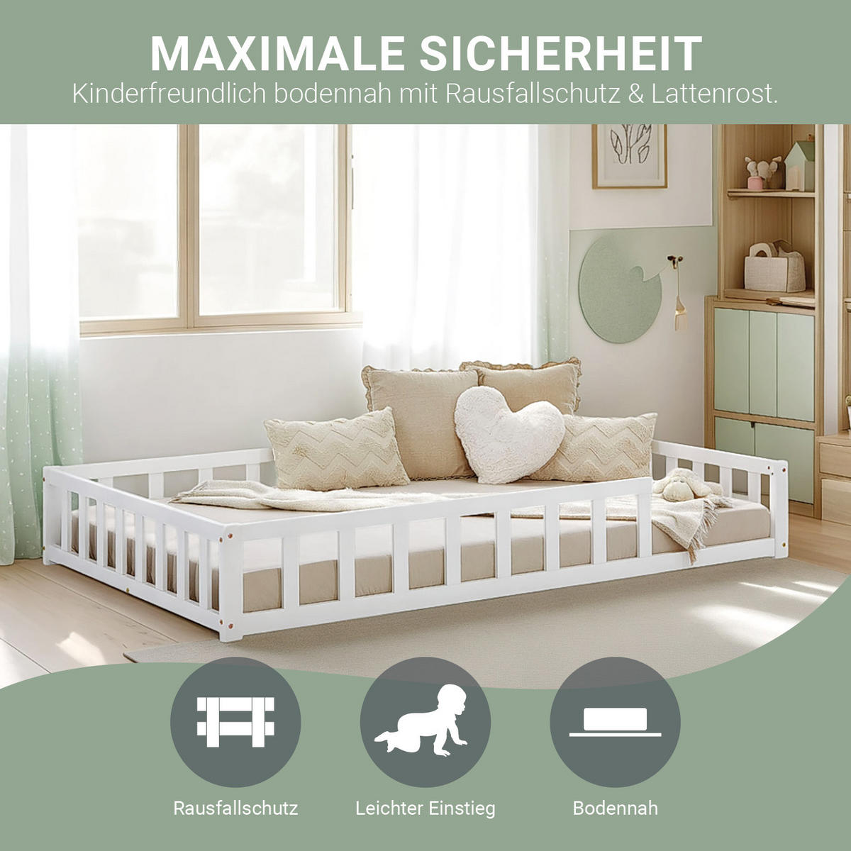 BODENBETT 120x200 cm Weiß mit Lattenrost - Weiß, Holz (120/200cm) - Homestyle4u