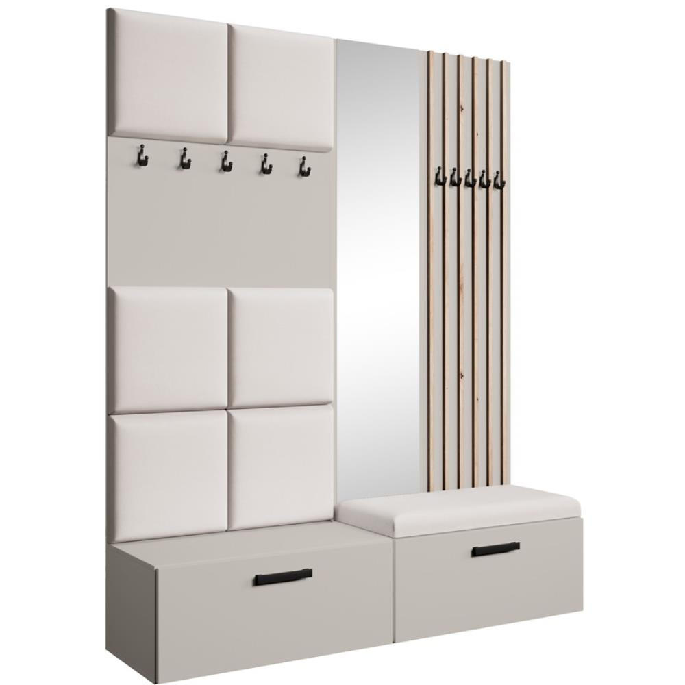 Beautysofa PŘEDSÍŇOVÁ sestava Margaret I+II 162/203/43 s čalouněnými panely / lamelami / zrcadlem, kašmírová|dub artisan