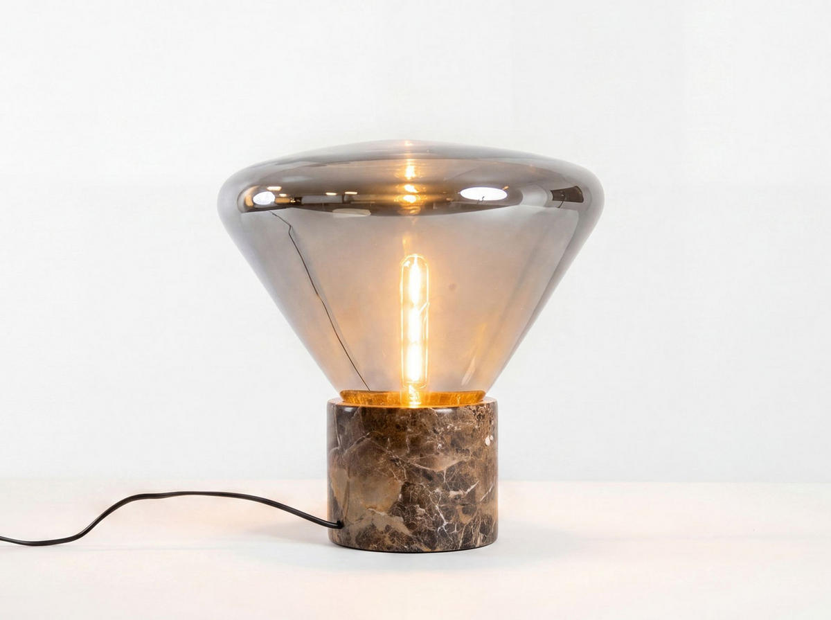 TISCHLEUCHTE aus grauem Rauchglas mit Spiegeleffekt und Keramikmarmor Ø36/38 cm - Braun, Keramik (36/36/38cm) - The Lumine