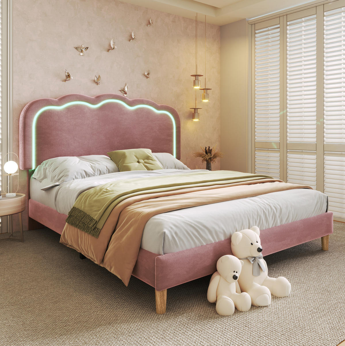 POLSTERBETT 140/200 cm aus Samt mit LED-Beleuchtung und verstellbarem Kopfteil Rosa - Pink, Textil (140/200cm) - Modenvie