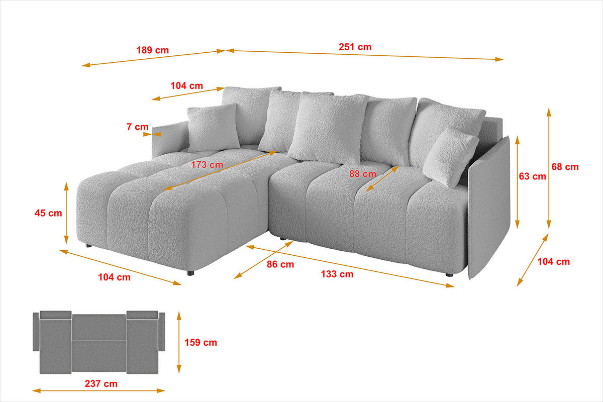ECKSOFA Ottomane links LONLI-L 251x189x68 Hellgrau Bouclé - Hellgrau, Holzwerkstoff/Kunststoff (251/189cm) - ALTDECOR