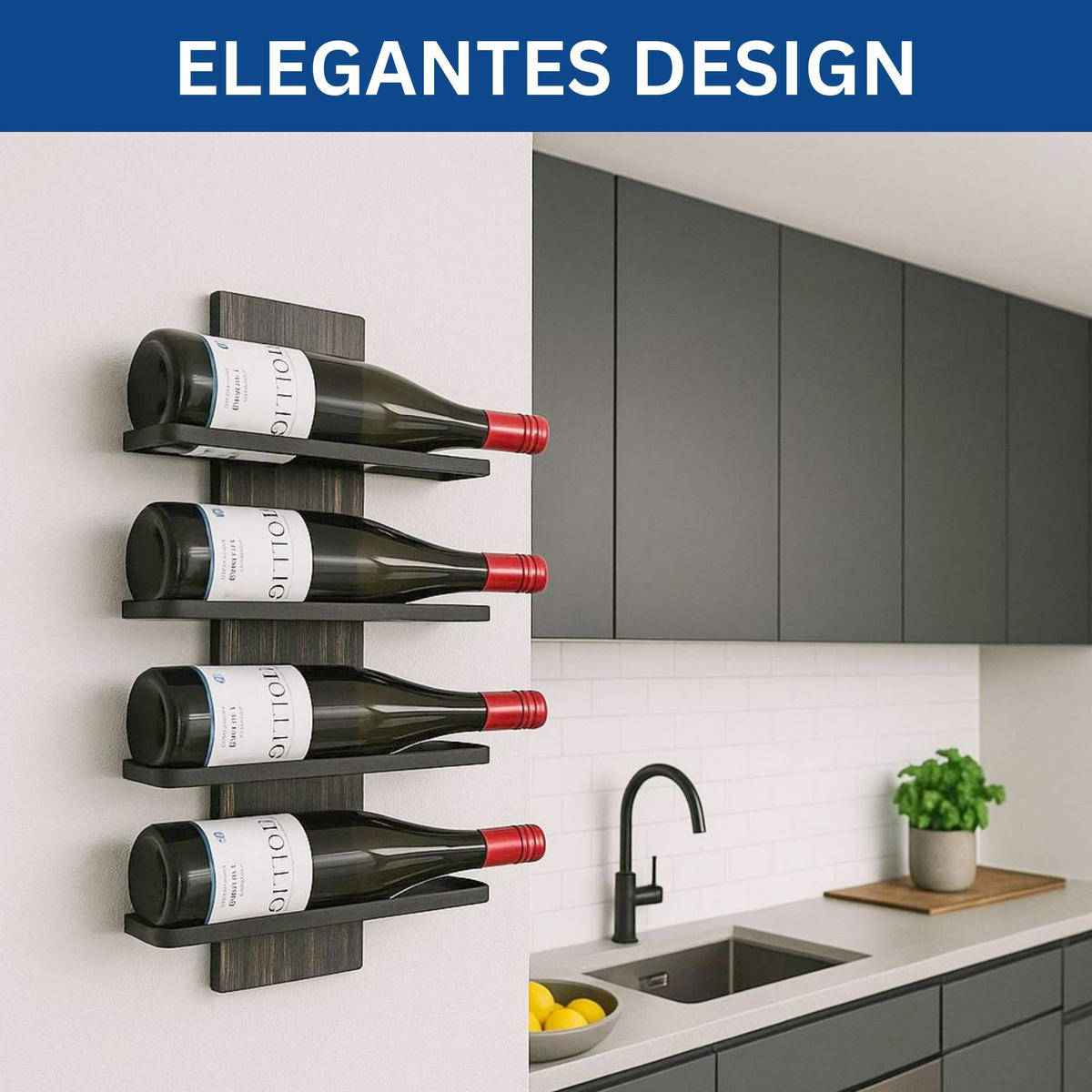 WEINREGAL Wand für 4 Flaschen Metall Flaschenregal  - Schwarz, Metall (29/49/9cm) - DanDiBo