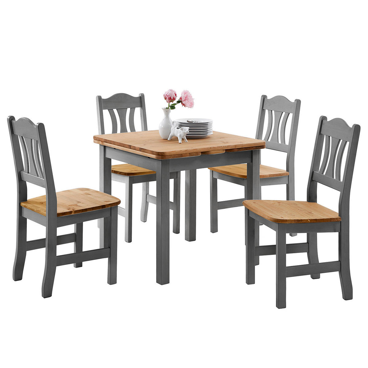 ESSTISCH mit ansteckplatten - Kiefer massiv - Grau, Holz (77/77/74cm) - home24