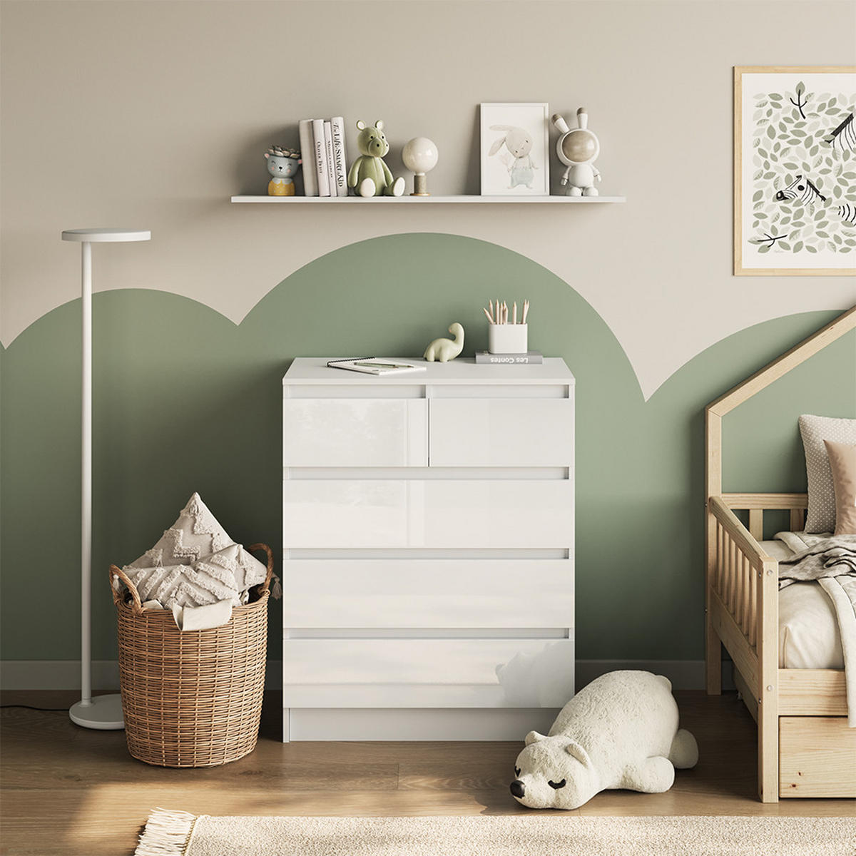 KOMODA ZA PRESVLAČENJE Emma Bijelo/Bijelo Sjajna 80 x 110.2 cm s 5 ladica - bijela/bijela visoki sjaj, drvni materijal (80/110.2/76cm) - Vicco
