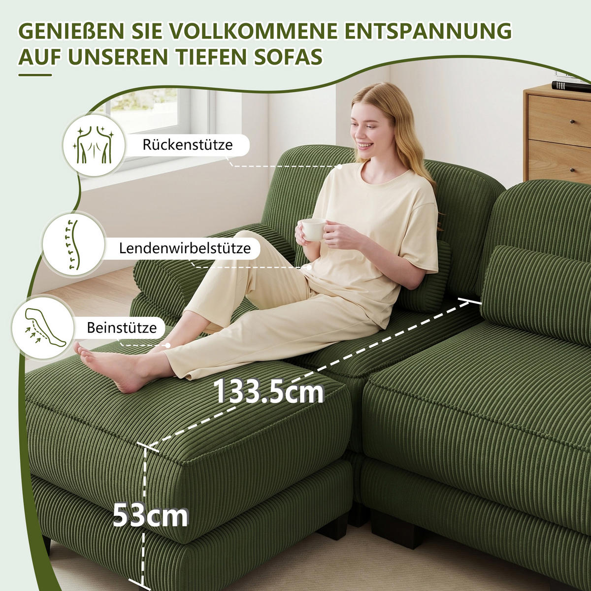 ECKSOFA L-Form 3-Sitzer mit Hocker, DE-42659, Grün - Grün, Holz (265/161cm) - ComfortXL