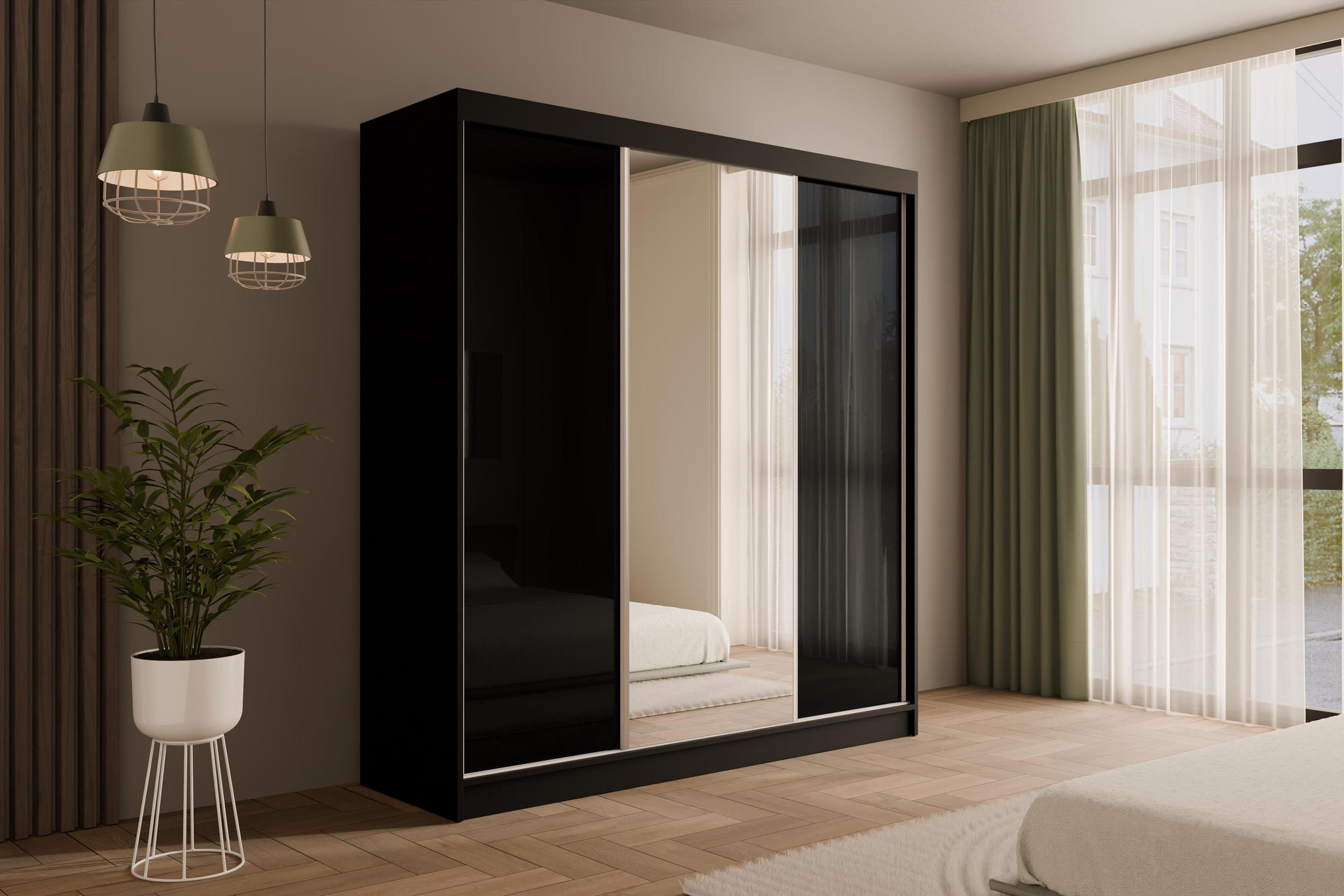 KLEIDERSCHRANK mit Spiegel V2-VITA 215x200 cm - Schwarz - Schwarz, Holzwerkstoff (200/215/61cm) - ALTDECOR