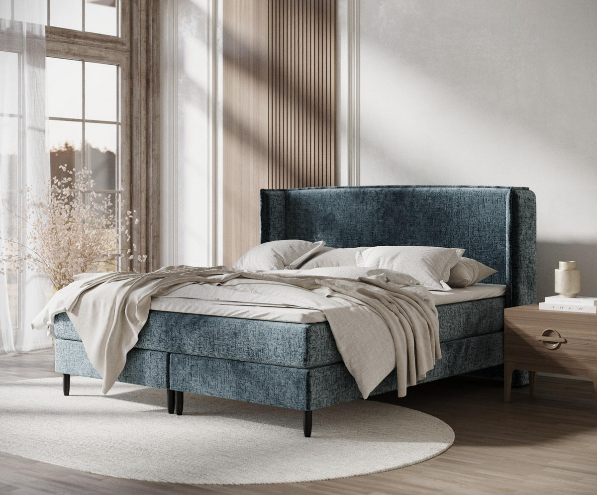 KONTINENTALBETT Ardis Blau Grau 140/200 cm mit Matratze und Topper - Blaugrau/Schwarz, Holz/Holzwerkstoff (140/200cm) - Maison de Reve