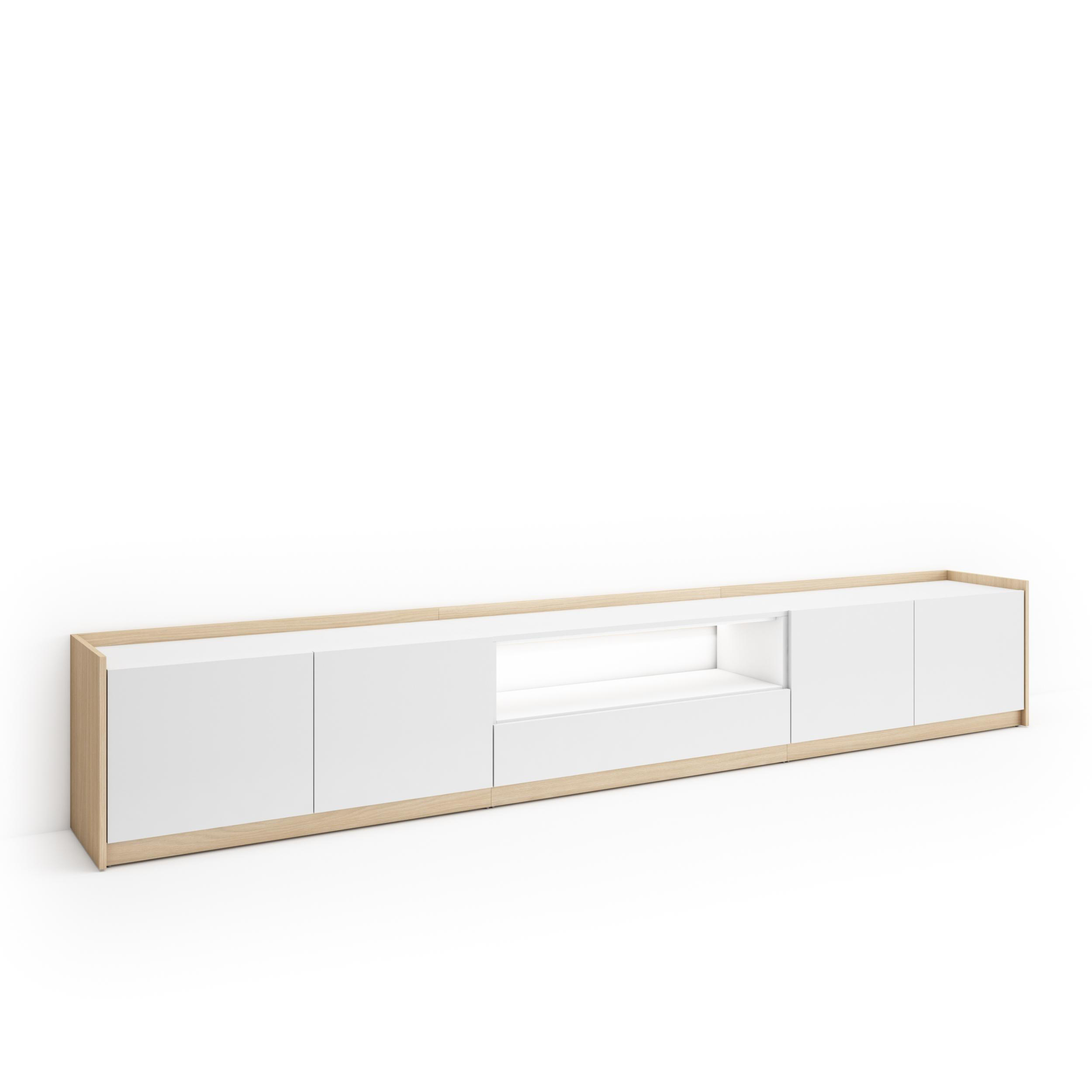 LOWBOARD, Weiß und Eiche, 310/37/50cm, mit Led - Weiß, Holzwerkstoff (310/50/37cm) - Skraut Home