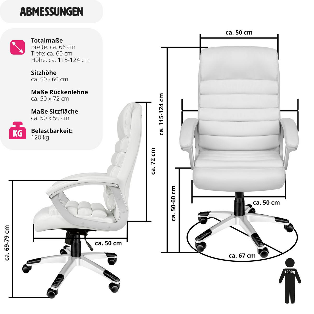 BÜROSTUHL Paul,einstellbare Wippfunktion,weiß - Weiß, Textil (66/124/60cm) - tectake