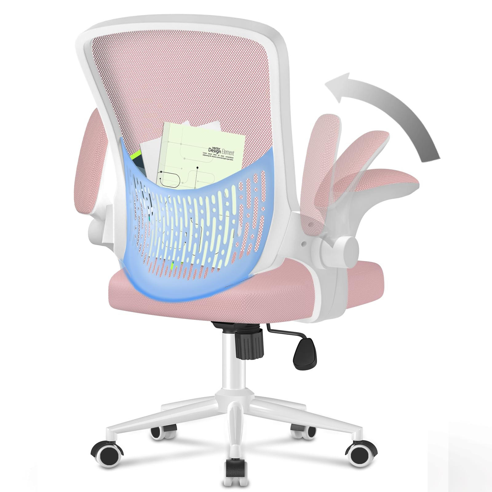BÜROSTUHL ergonomisch, klappbare Armlehnen, mittelhohe Rückenlehne, Lendenstütze – Rosa - Pink, Metall (60/100/60cm) - Rattantree