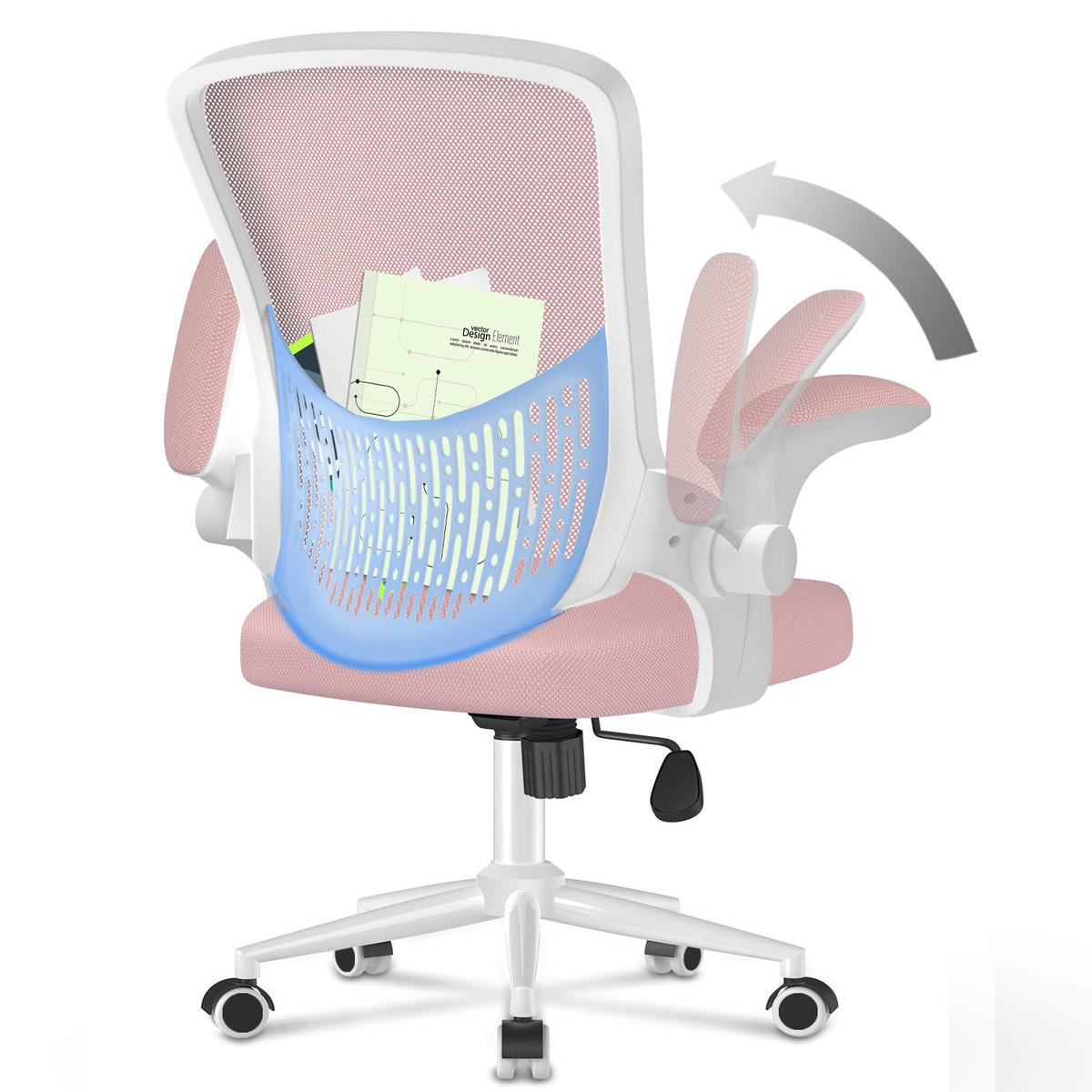 BÜROSTUHL ergonomisch, klappbare Armlehnen, mittelhohe Rückenlehne, Lendenstütze – Rosa - Pink, Metall (60/100/60cm) - Rattantree