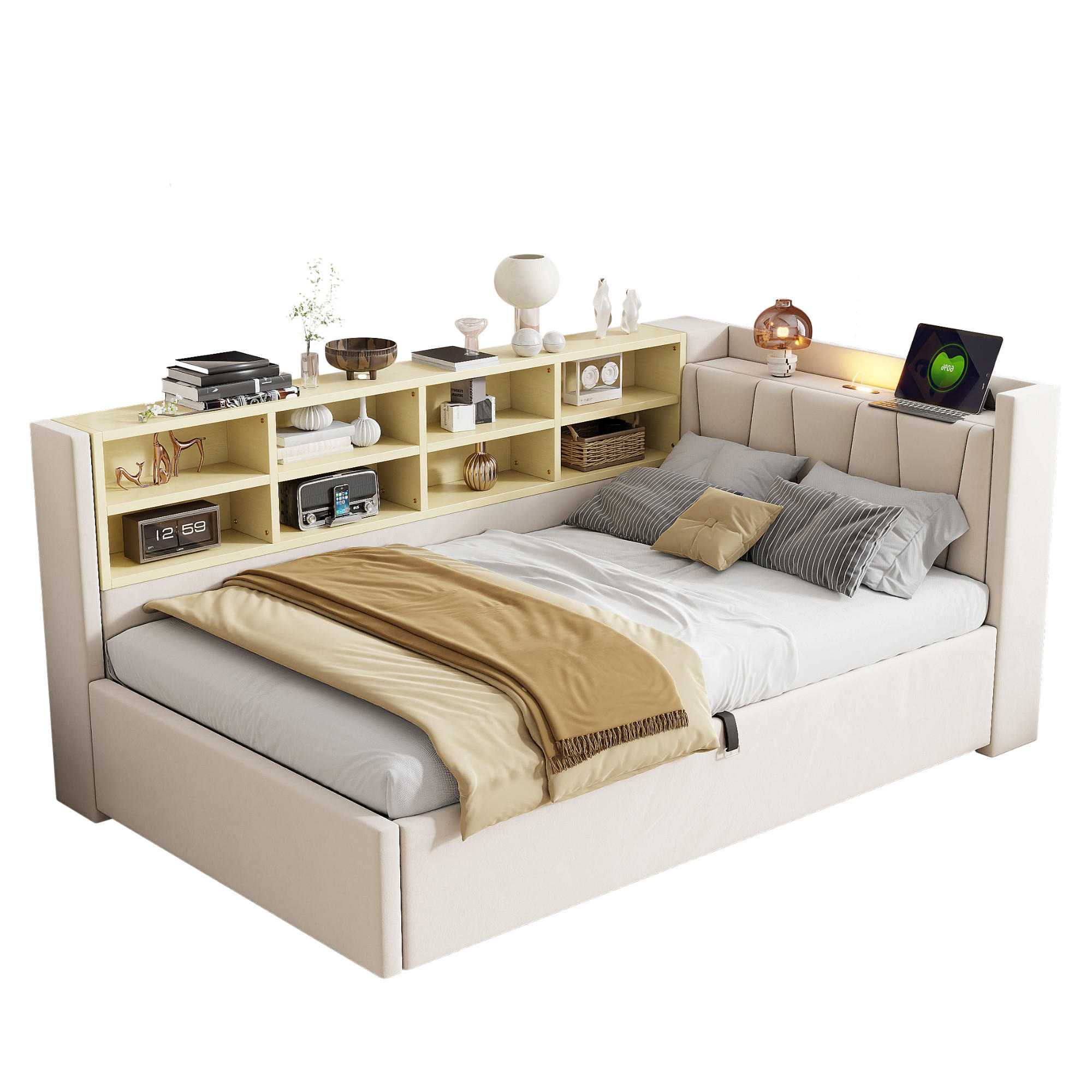 POLSTERBETT 90/200 cm in Beige Samt mit Bettkasten, LED, USB, Type-C und Ablagen - Beige, Holzwerkstoff/Textil (90/200cm) - WISHDOR
